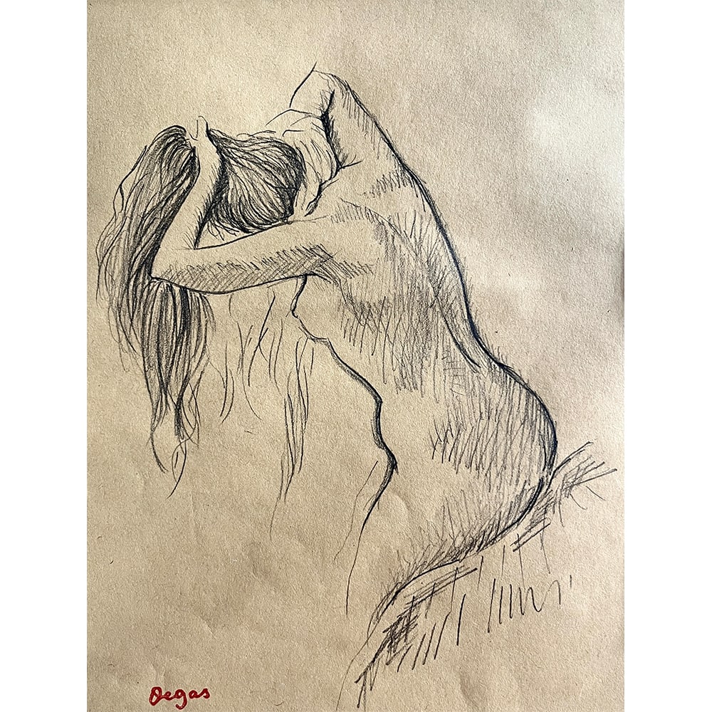 FEMME S'ESSUYANT LES CHEVEUX SIGNED EDGAR DEGAS: FEMME S'ESSUYANT LES CHEVEUX SIGNED EDGAR DEGAS Charcoal and pencil on paper laid down on card, Signed Edgar Degas. A seductive, provocative sense of secrecy suffuses Degas's domestic bathing scenes; 