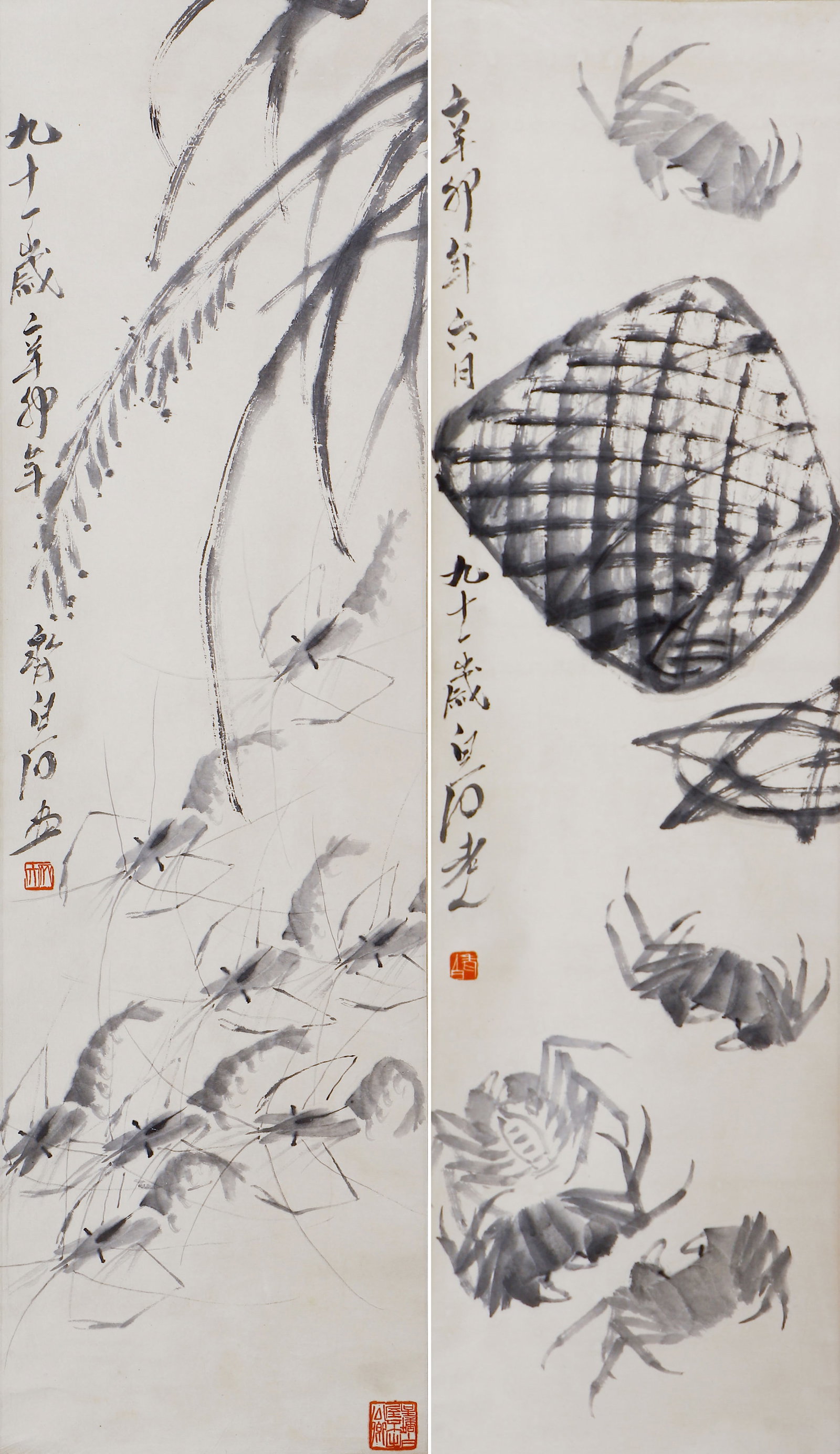 A CHINESE PAINTING OF SHRIMP & CRABS, SIGNED QI BAISHI: A CHINESE PAINTING OF SHRIMP & CRABS, SIGNED QI BAISHI This ink on paper diptych is painted by Qi Baishi, one of the most iconic Chinese modern masters, dated to his ninety-first year of life. The lef