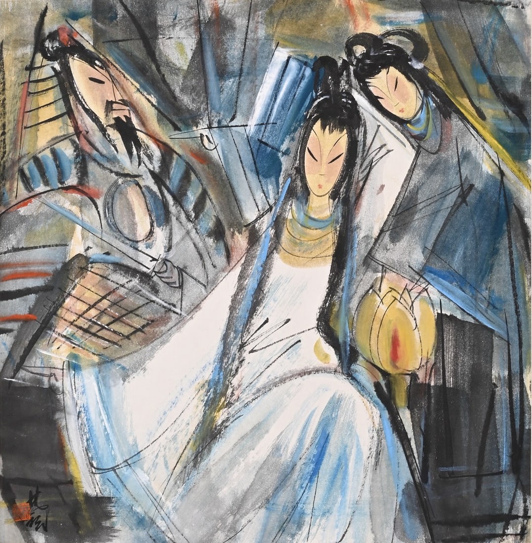 A CHINESE PAINTING OF OPERA FIGURES, SIGNED LIN FENGMIAN (1 of 8)