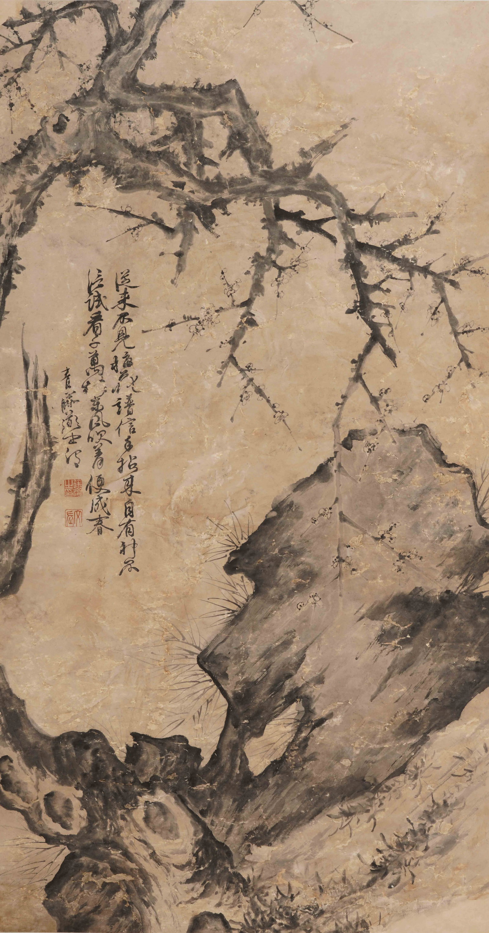 A CHINESE PAINTING OF PLUM AND ROCK, SIGNED XU WEI: A CHINESE PAINTING OF PLUM AND ROCK, SIGNED XU WEI Vertical monochrome ink painting on aged rice paper, inscribed, signed and sealed by Xu Wei at the left margin. The work centers on a gnarled ancient