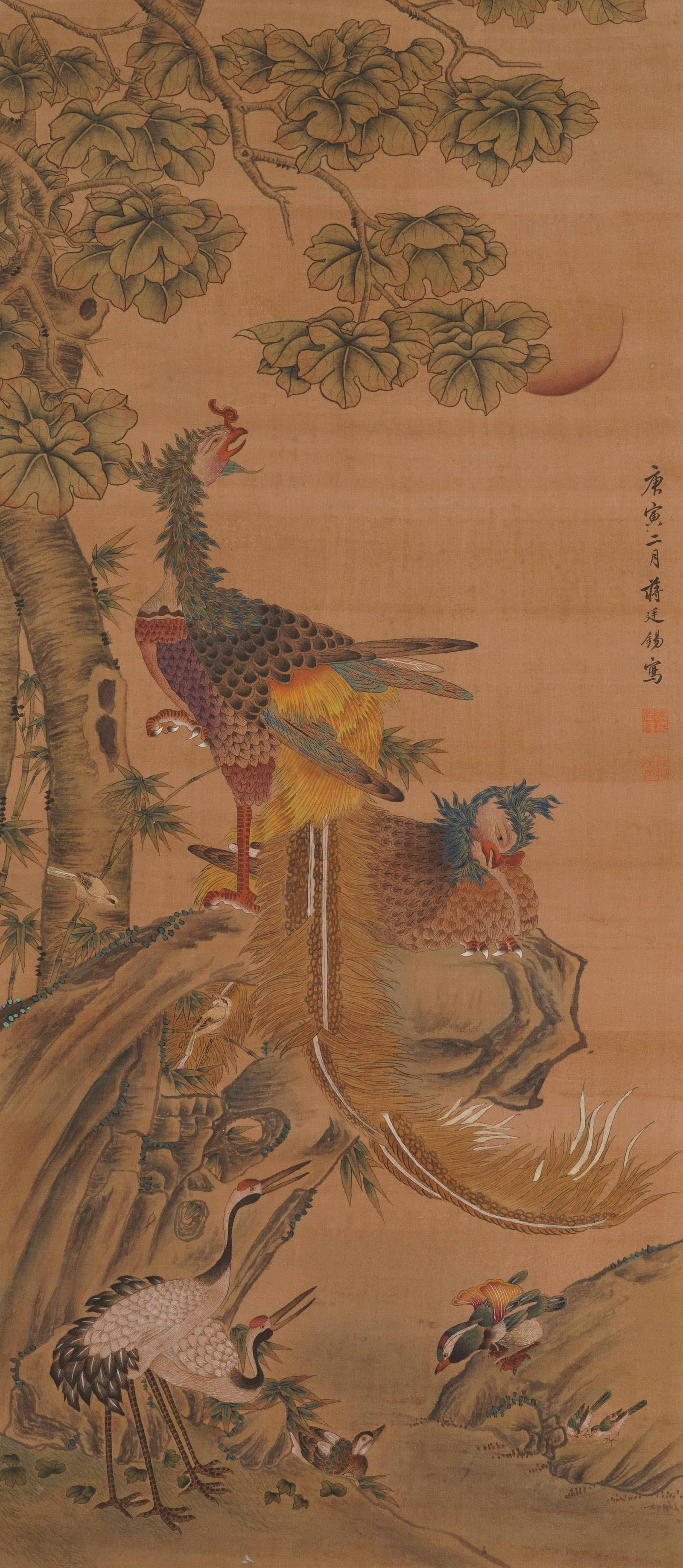 A CHINESE PAINTING OF PHOENIX AND CRANES, SIGNED TANG YIN: A CHINESE PAINTING OF PHOENIX AND CRANES, SIGNED TANG YIN Vertical ink and mineral colour painting on aged silk, inscribed, dated, signed and sealed by Tang Yin on the right side. This auspicious flow
