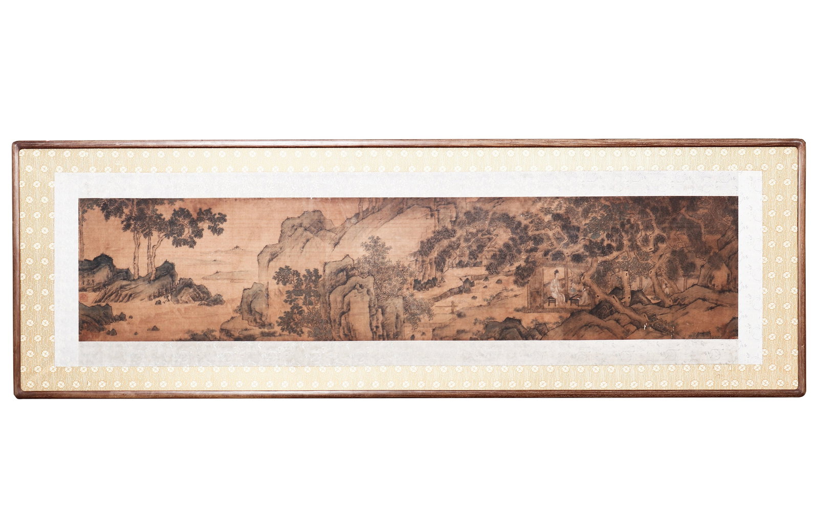 A CHINESE PAINTING OF SCHOLAR LANDSCAPE, SIGNED TANG YIN: A CHINESE PAINTING OF SCHOLAR LANDSCAPE, SIGNED TANG YIN Horizontal ink landscape on aged silk, framed, attributed and signed Tang Yin. The painting depicts an idyllic secluded mountain scene with lay