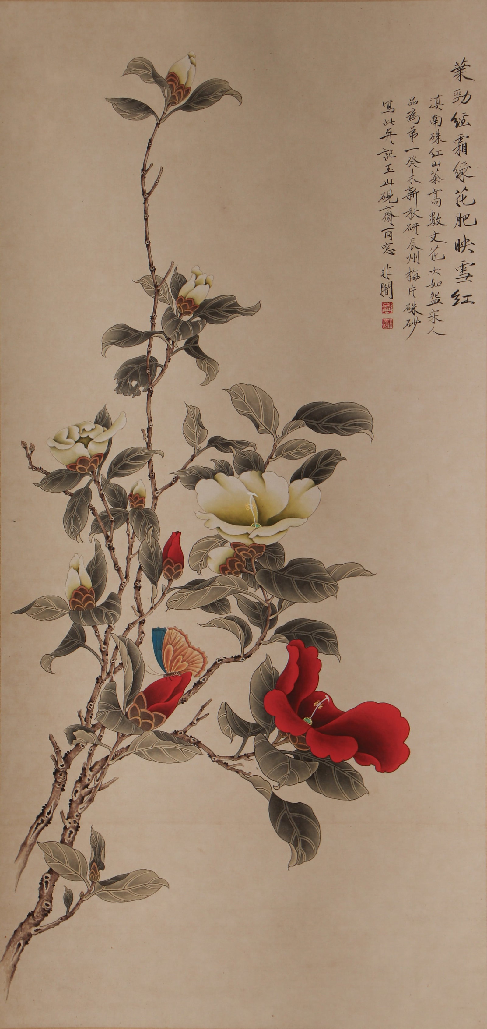 A CHINESE PAINTING OF CAMELLIAS AND BUTTERFLY, SIGNED FEI AN: A CHINESE PAINTING OF CAMELLIAS AND BUTTERFLY, SIGNED FEI AN Vertical fine ink and colour flower painting on aged warm rice paper, inscribed, signed and sealed by Fei An along the right margin. Twiste