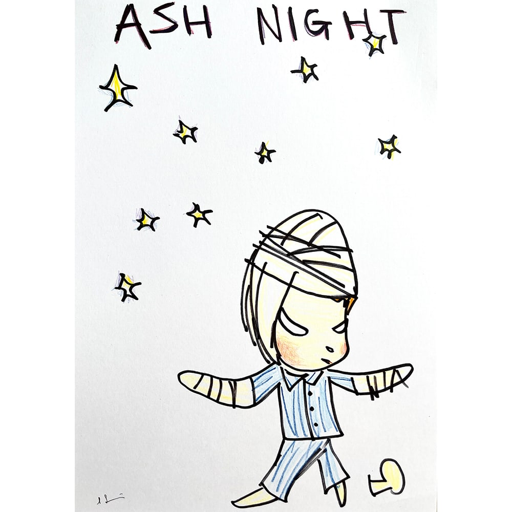 ASH NIGHT SIGNED YOSHITOMO NARA: ASH NIGHT SIGNED YOSHITOMO NARA Color pencil on paper, signed Yoshitomo Nara. DIMENSIONS: 29.3?20.7cm HAVE A SIMILAR ITEM TO SELL? CONTACT: INFO@GORDONGALLERY.US