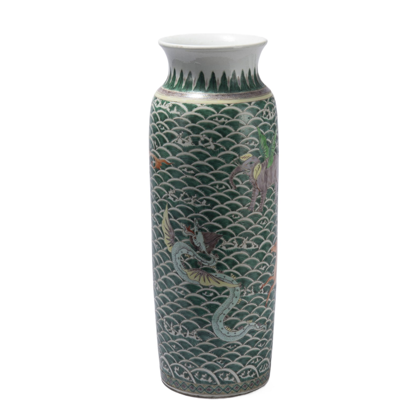 A WUCAI GLAZE PORCELAIN DRAGON VASE: A WUCAI GLAZE PORCELAIN DRAGON VASE The cylindrical body finely potted with tapering sides, the sloping shoulders rising to a waisted neck and a flaring mouth, covered in famille verte glaze and paint