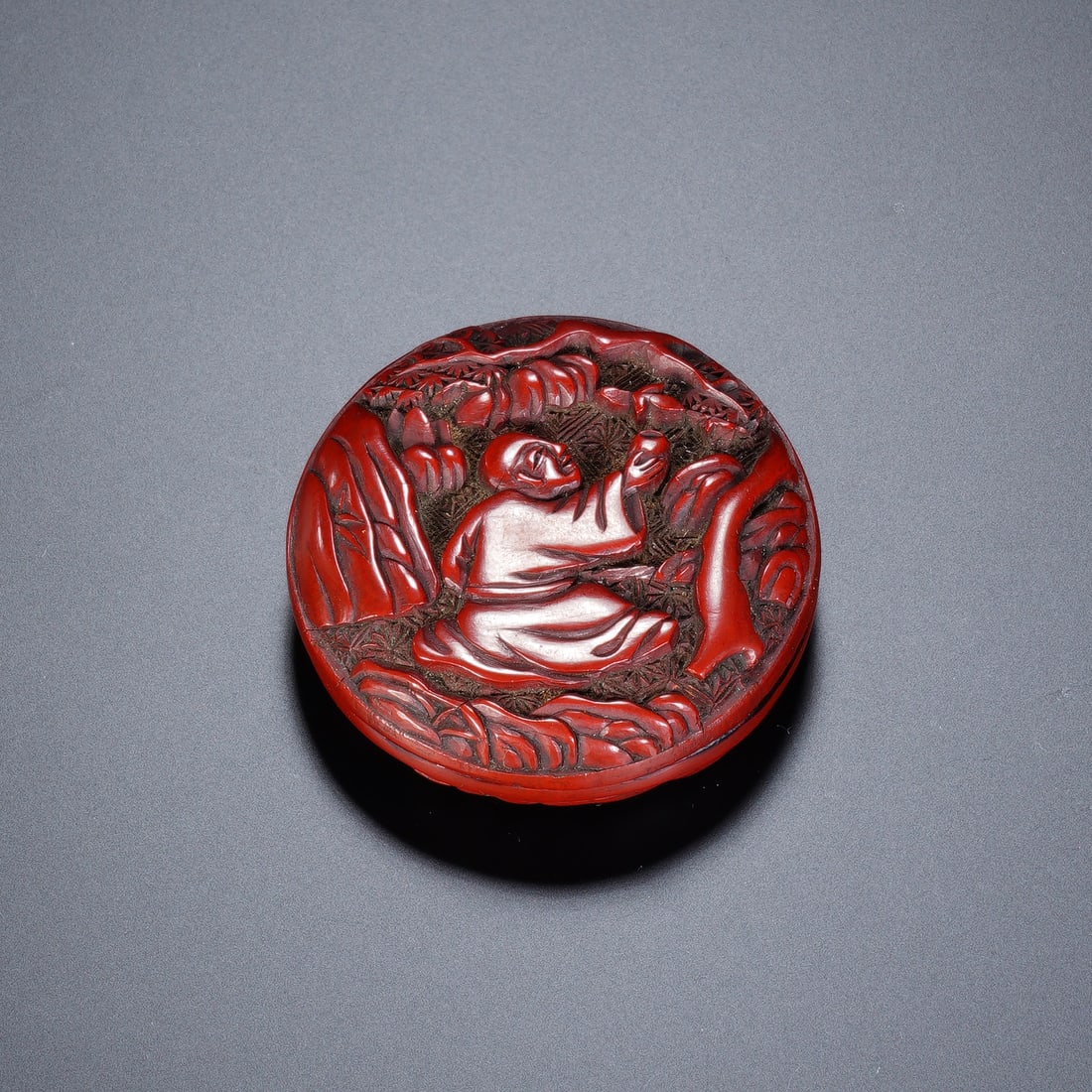 A CHINESE CARVED RED LACQUER FIGURE INCENSE BOX (1 of 9)