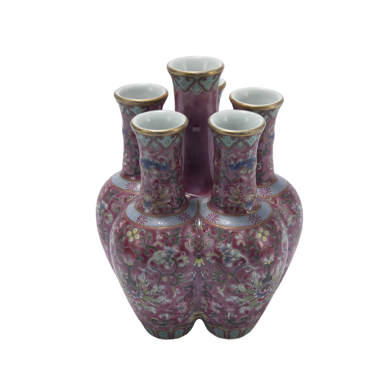 A CHINESE FAMILLE ROSE PORCELAIN SIX TUBES VASE,QIANLONG: A CHINESE FAMILLE ROSE PORCELAIN SIX TUBES VASE,QIANLONG Six sprout mouths, enameled in lavender, green, yellow, green and pink, all against the aubergine ground. DIMENSIONS: Diam. 14 cm. H. 17.5 cm. 