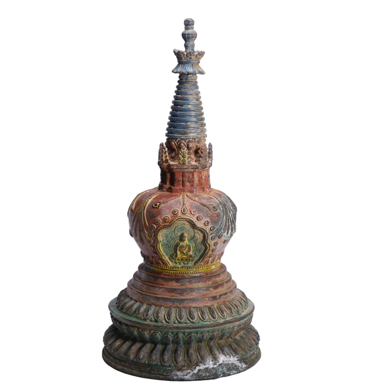 A CHINESE PAINTED BRONZE BUDDHIST STUPA: A CHINESE PAINTED BRONZE BUDDHIST STUPA Cast bronze Tibetan-style stupa retaining rich polychrome pigment layers of red, green, blue and gilded accents, softened by aged patina and subtle surface wear