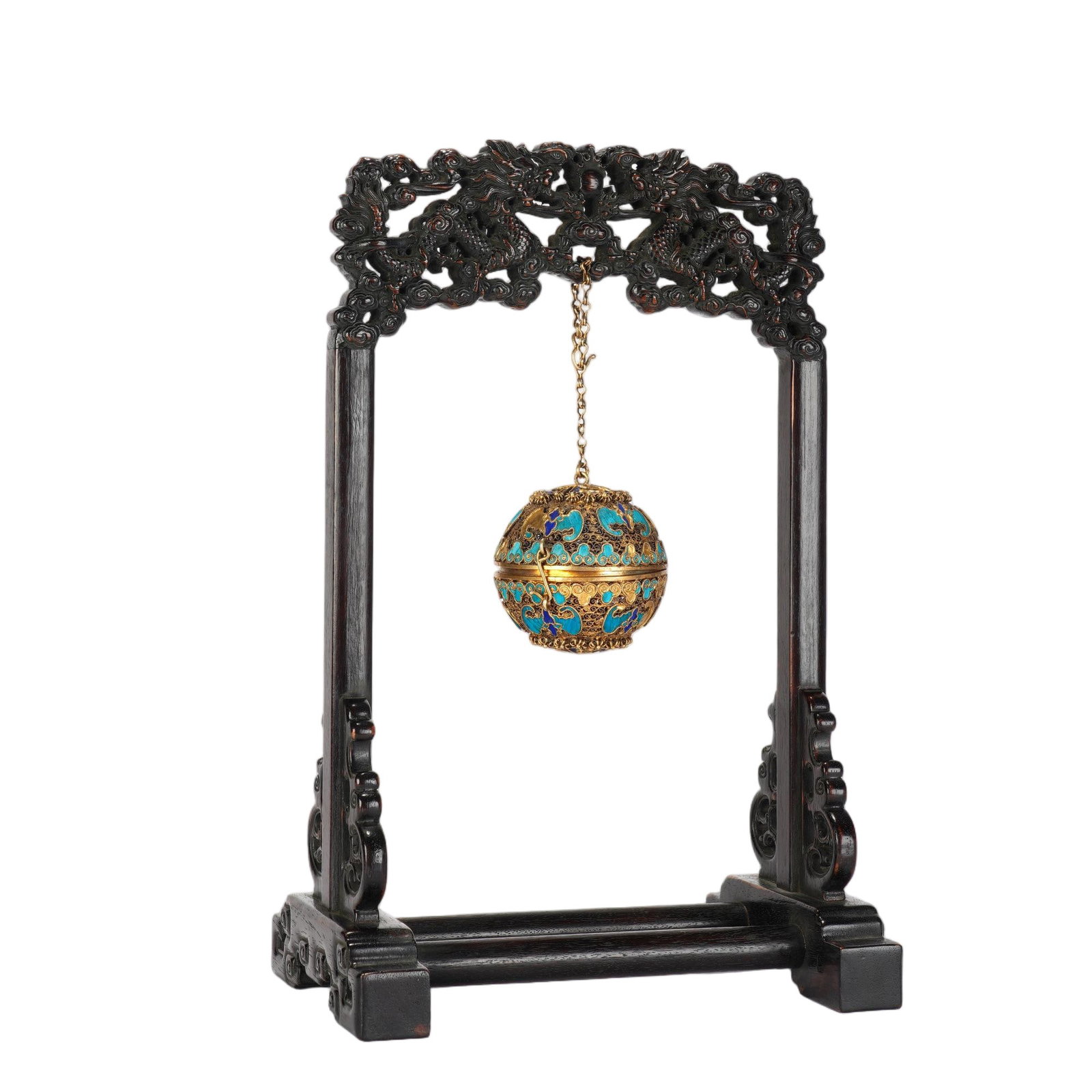 A CHINESE GILT SILVER POMANDER WITH ZITAN STAND: A CHINESE GILT SILVER POMANDER WITH ZITAN STAND The spherical gilt silver pomander measures 6 cm in diameter, suspended from a delicate linked metal chain. Its openwork filigree body is inlaid with vi