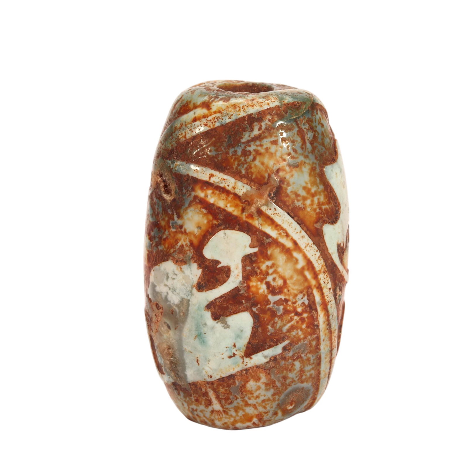 A CHINESE PATTERNED DZI BEAD: A CHINESE PATTERNED DZI BEAD This barrel-shaped dzi bead features a central perforation for threading cord as a protective talisman. Its surface bears layered weathered patina blending terracotta rust