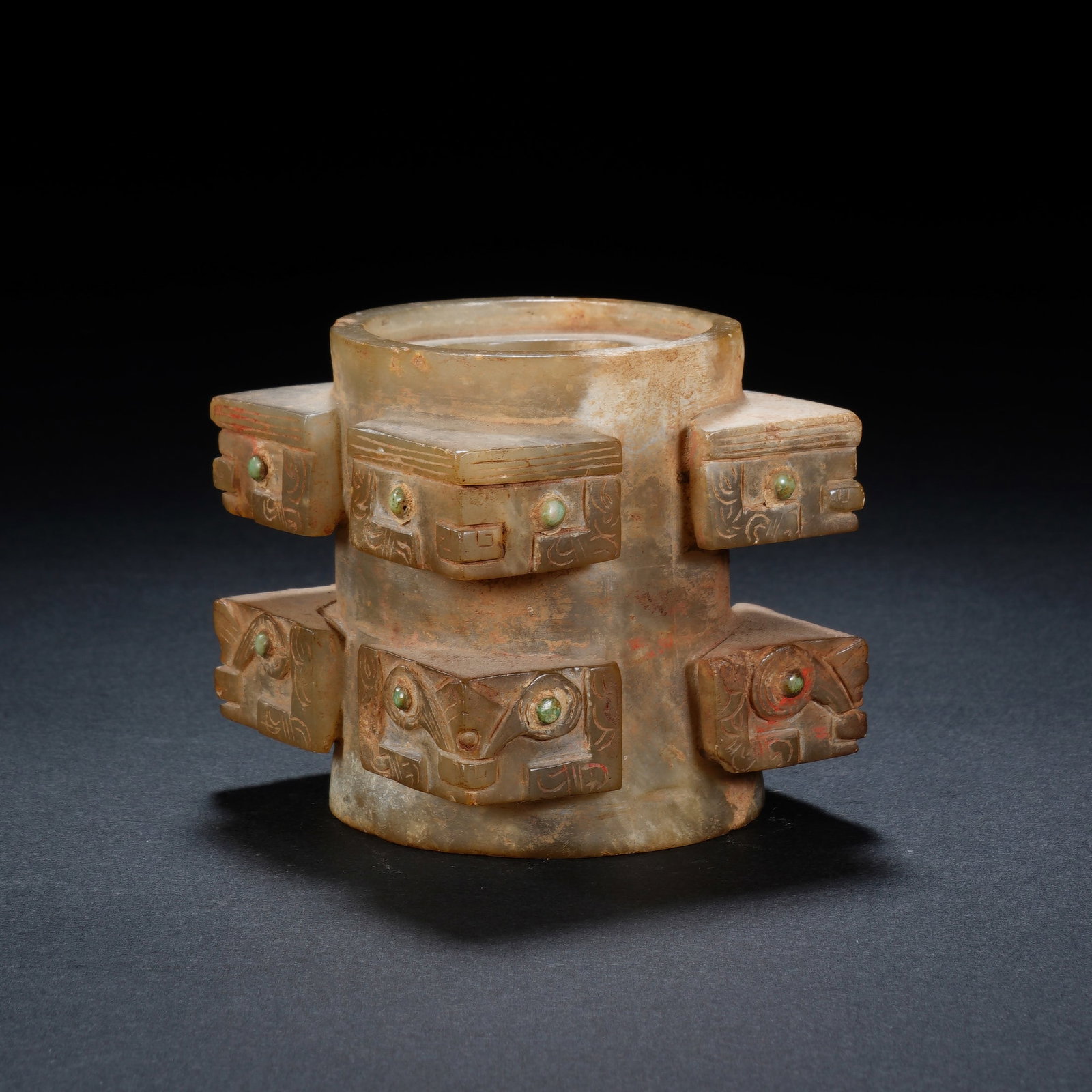 A CHINESE ARCHAIC JADE CONG WITH INLAID ORNAMENTS (1 of 8)