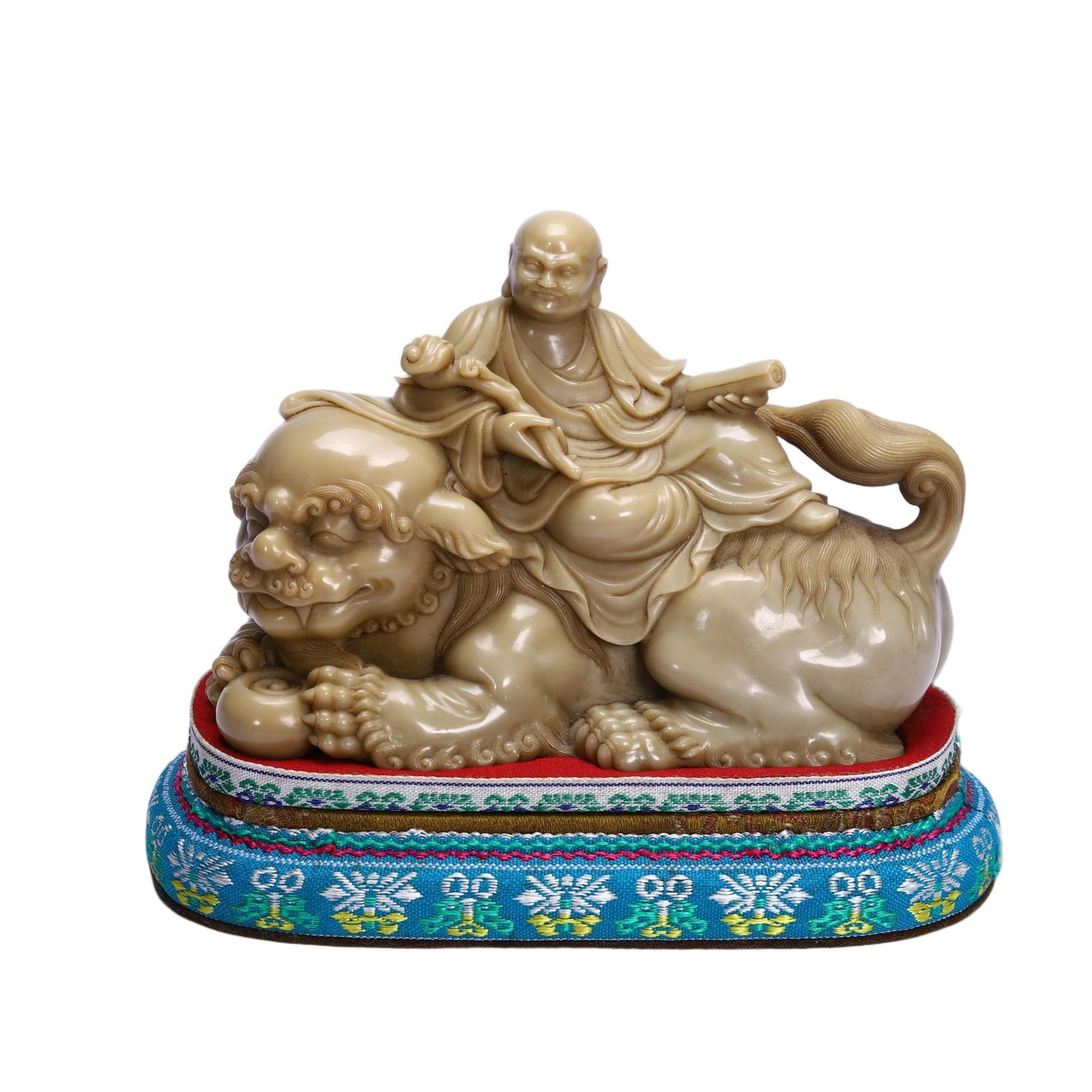 A CHINESE SHOUSHAN STONE LUOHAN ON LION CARVING (1 of 9)