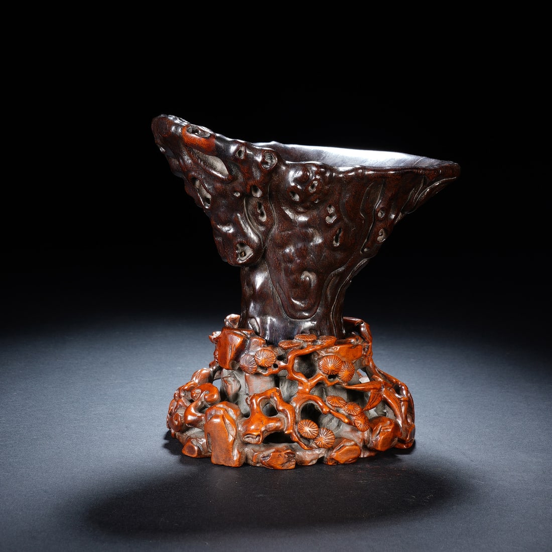 A CHINESE ZITAN CUP WITH BOXWOOD PINE STAND (1 of 10)