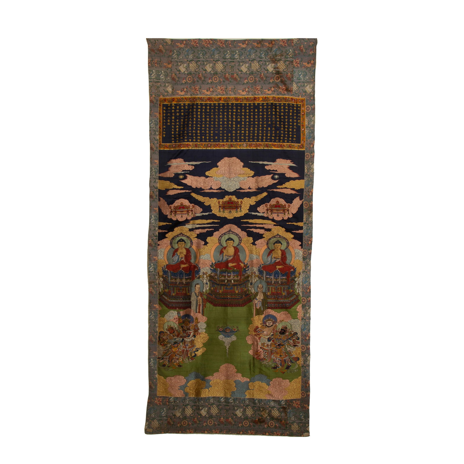 A CHINESE CLOUD BROCADE THREE BUDDHAS THANGKA (1 of 11)