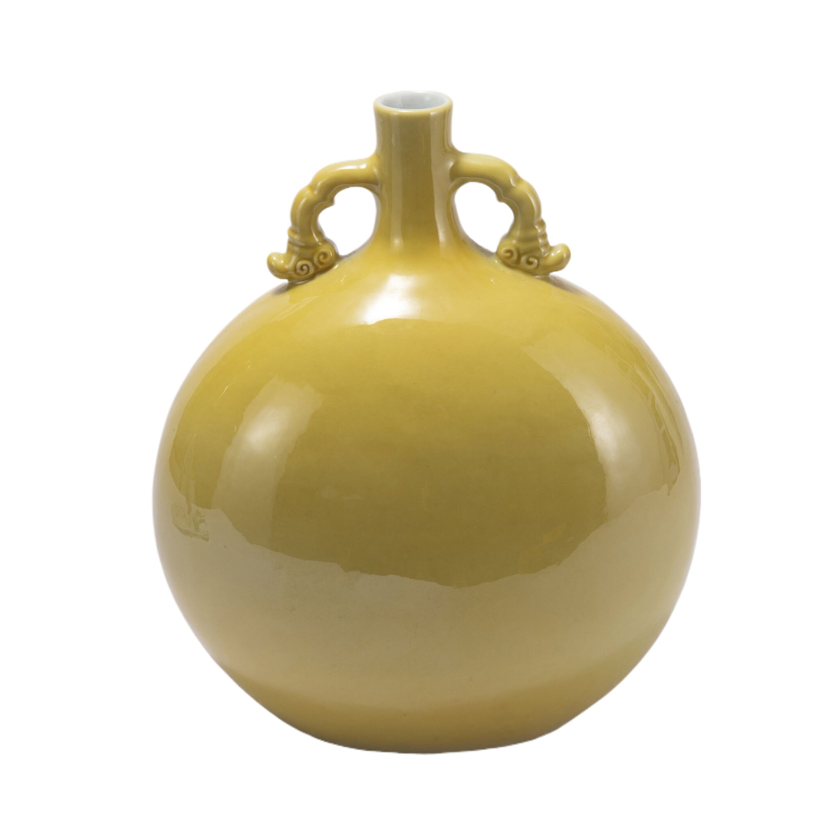 A CHINESE YELLOW GLAZE PORCELAIN FLASK VASE: A CHINESE YELLOW GLAZE PORCELAIN FLASK VASE The flattened globular body rising from a rectangular foot to a flared neck flanked by a pair handles, covered in yellow glaze, yongzheng six characters mar