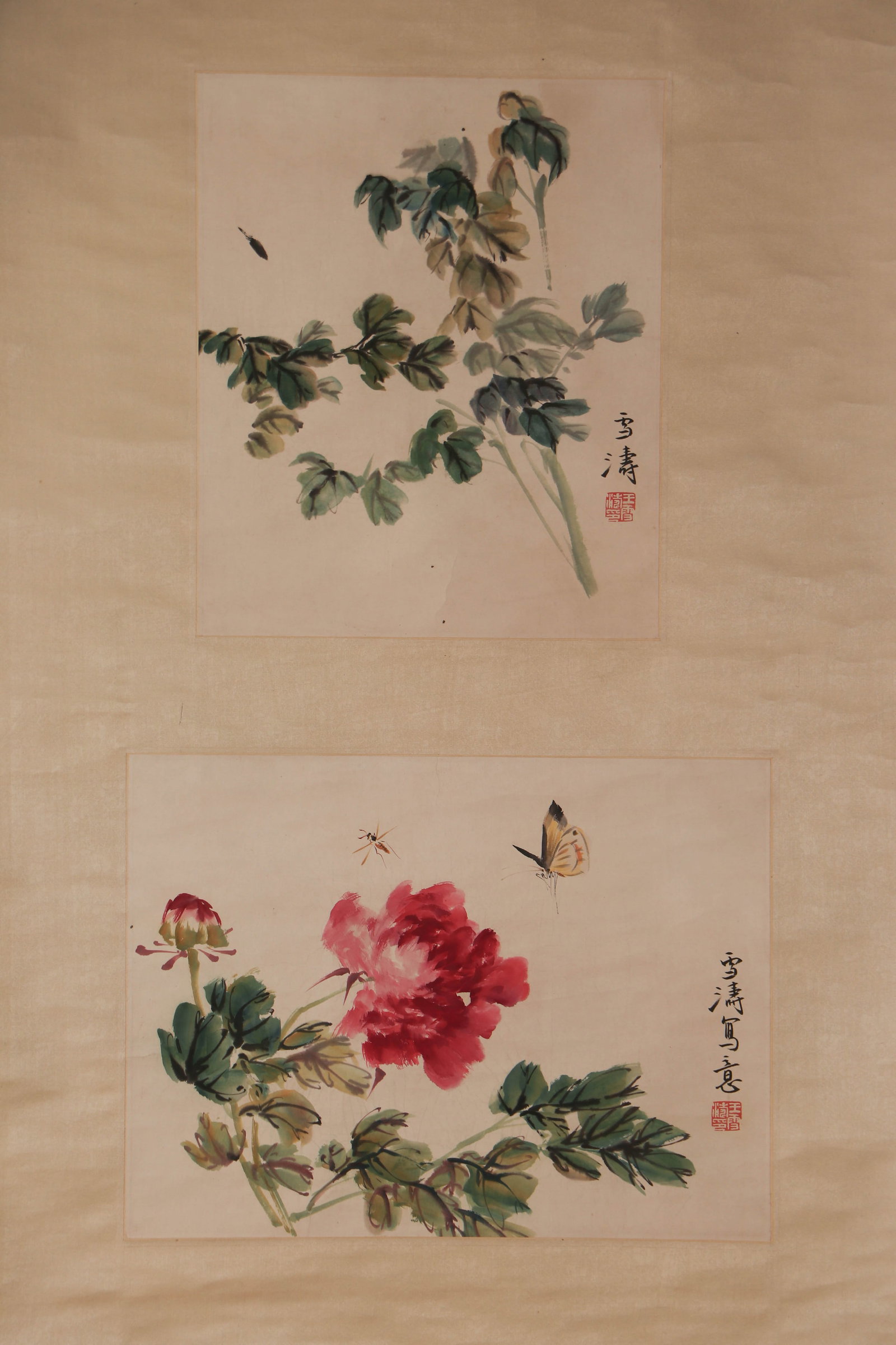 A CHINESE PAINTING OF PEONIES AND INSECTS, SIGNED WANG XUETAO (1 of 4)