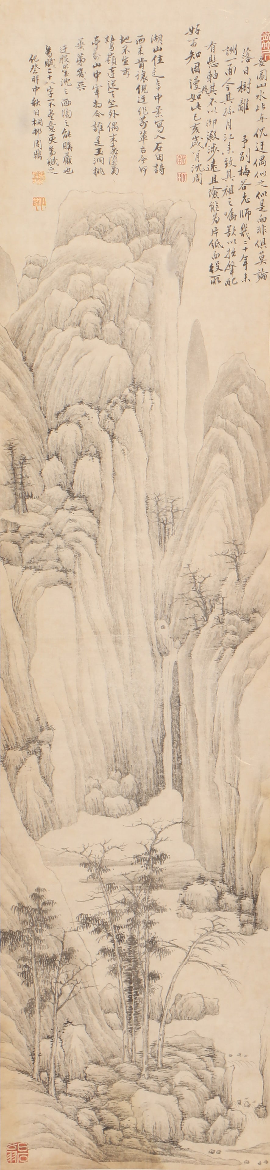 A CHINESE PAINTING OF WATERFALL LANDSCAPE, SIGNED SHEN ZHOU: A CHINESE PAINTING OF WATERFALL LANDSCAPE, SIGNED SHEN ZHOU Vertical monochrome ink landscape on aged rice paper, inscribed, signed and sealed by Shen Zhou, accompanied by multiple vertical poetic