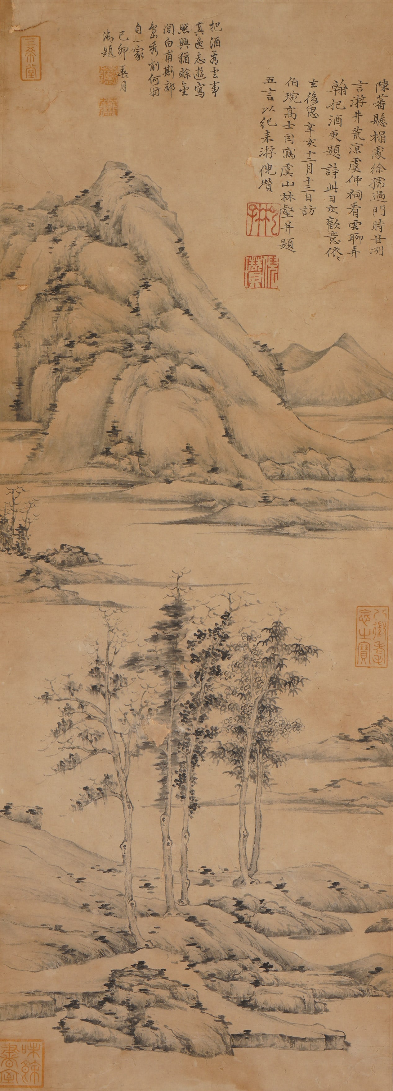 A CHINESE PAINTING OF RIVER AND TREES, SIGNED XU WEI: A CHINESE PAINTING OF RIVER AND TREES, SIGNED XU WEI Vertical monochrome ink landscape on aged yellowed rice paper, inscribed, signed and sealed by Xu Wei in the upper section. The serene minimalist s