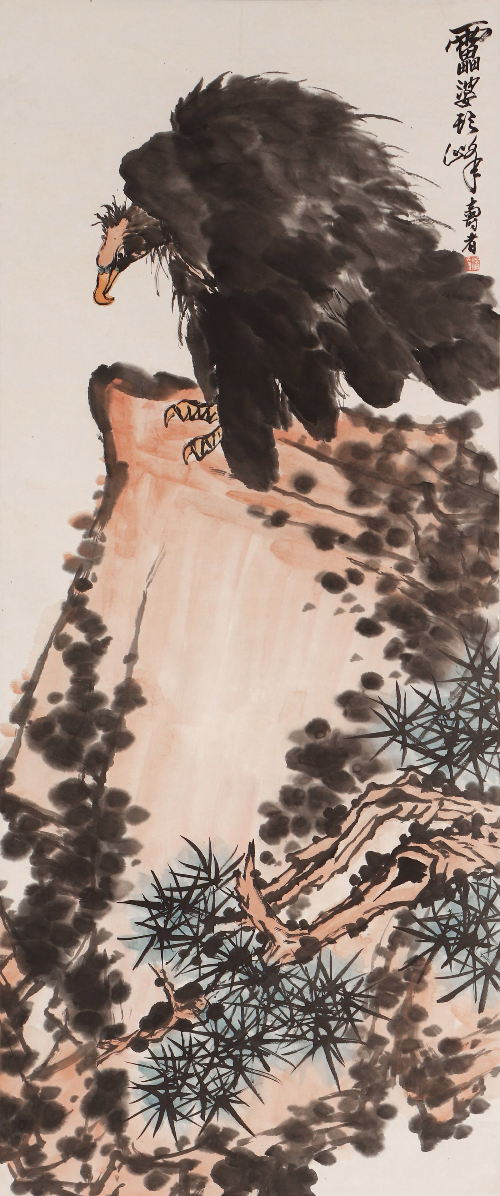 A CHINESE PAINTING OF EAGLE ON ROCK, SIGNED PAN TIANSHOU: A CHINESE PAINTING OF EAGLE ON ROCK, SIGNED PAN TIANSHOU This vertical ink and colour on paper work is painted by Pan Tianshou, a towering master of modern Chinese flower-and-bird painting. The compos