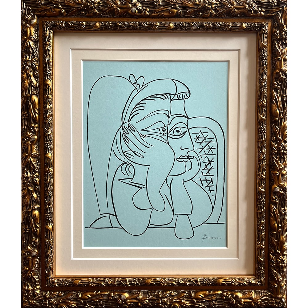 POTRAIT DE JACQUELINE ACCOUDEE SIGNED PABLO PICASSO: POTRAIT DE JACQUELINE ACCOUDEE SIGNED PABLO PICASSO In good condition, framed. DIMENSIONS: Image only: 26.5?20.8cm With frame: 47.2?37.3 cm; HAVE A SIMILAR ITEM TO SELL? CONTACT: INFO@GORDONGALLERY.US