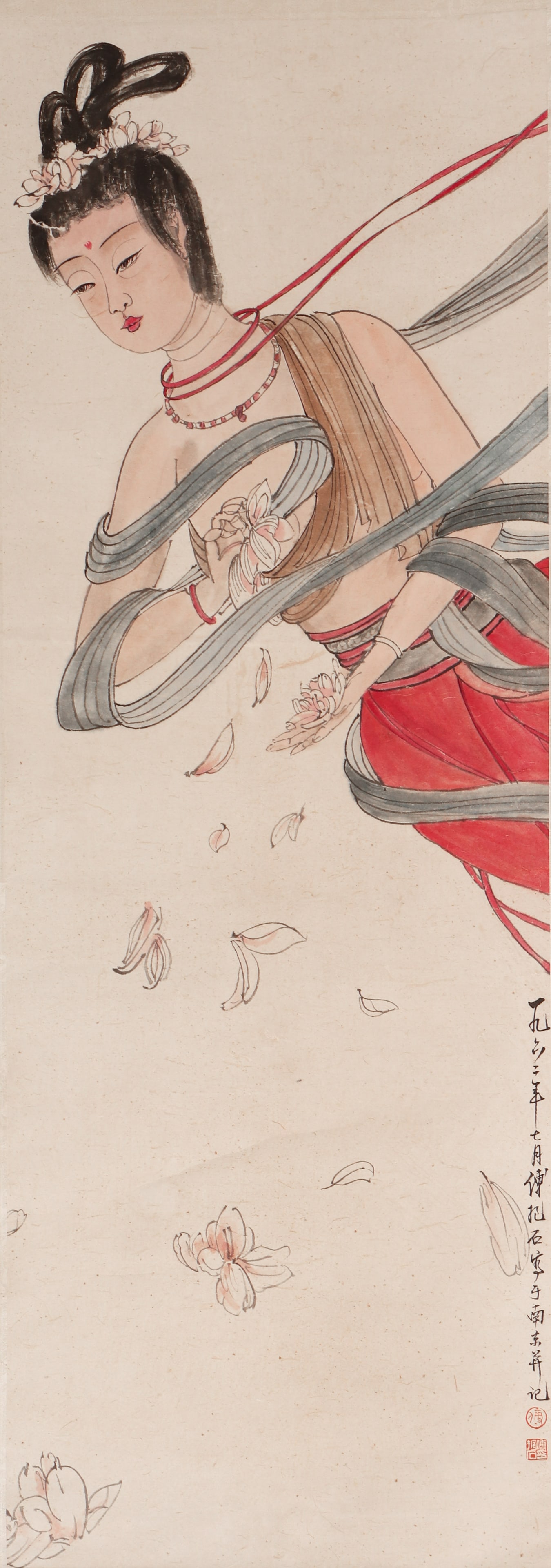 A CHINESE PAINTING OF FLYING APSARA, SIGNED FU BAOSHI: A CHINESE PAINTING OF FLYING APSARA, SIGNED FU BAOSHI This vertical ink and colour on paper painting is created by Fu Baoshi, a towering master of modern Chinese figure and landscape painting. The wor