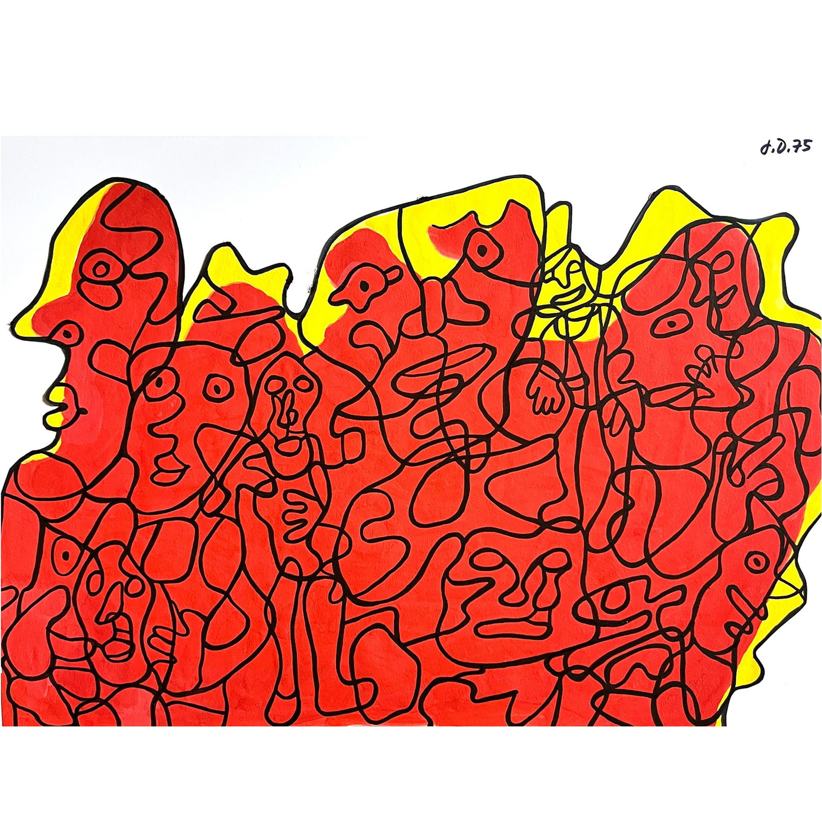 MONDANITE SIGNED JEAN DUBUFFET: MONDANITE SIGNED JEAN DUBUFFET Waterpaints on paper laid down on board. The figures are rendered in a flurry of animated lines, and each are depicted in the joyful, na?ve style that characterized the 