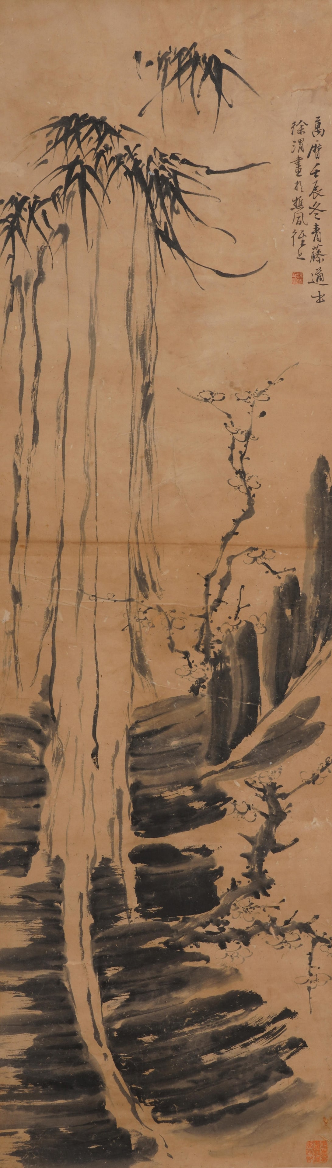 A CHINESE PAINTING OF WATERFALL AND PLUM, SIGNED XU WEI: A CHINESE PAINTING OF WATERFALL AND PLUM, SIGNED XU WEI Vertical monochrome ink painting on aged warm rice paper, inscribed, signed and sealed by Xu Wei on the right margin. A towering waterfall domin