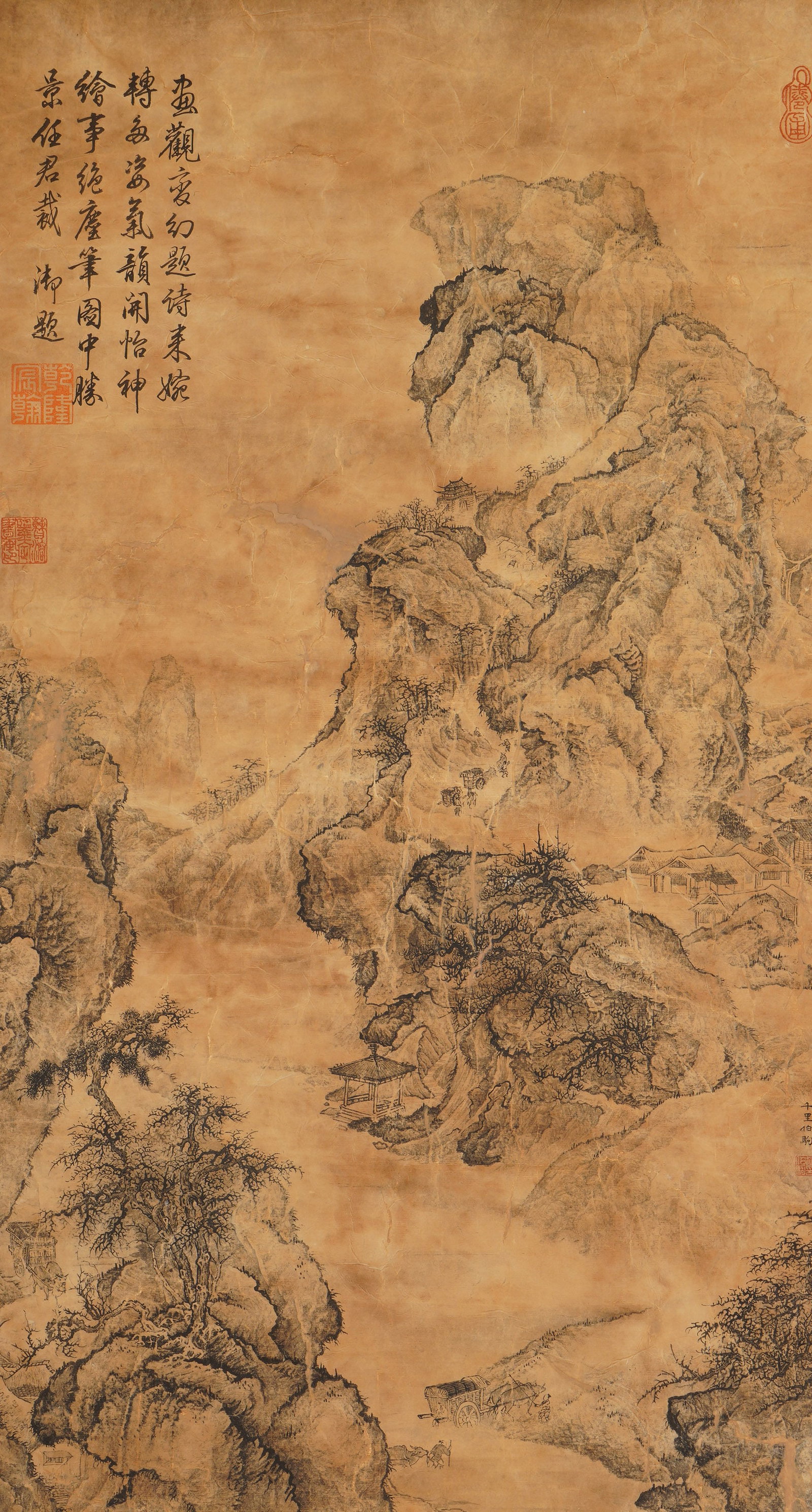 A CHINESE PAINTING OF MISTY MOUNTAINS, SIGNED ZHAO BOJU: A CHINESE PAINTING OF MISTY MOUNTAINS, SIGNED ZHAO BOJU Vertical monochrome ink landscape on aged yellowed silk, adorned with imperial poetic colophons and multiple red seals in the upper left. The co
