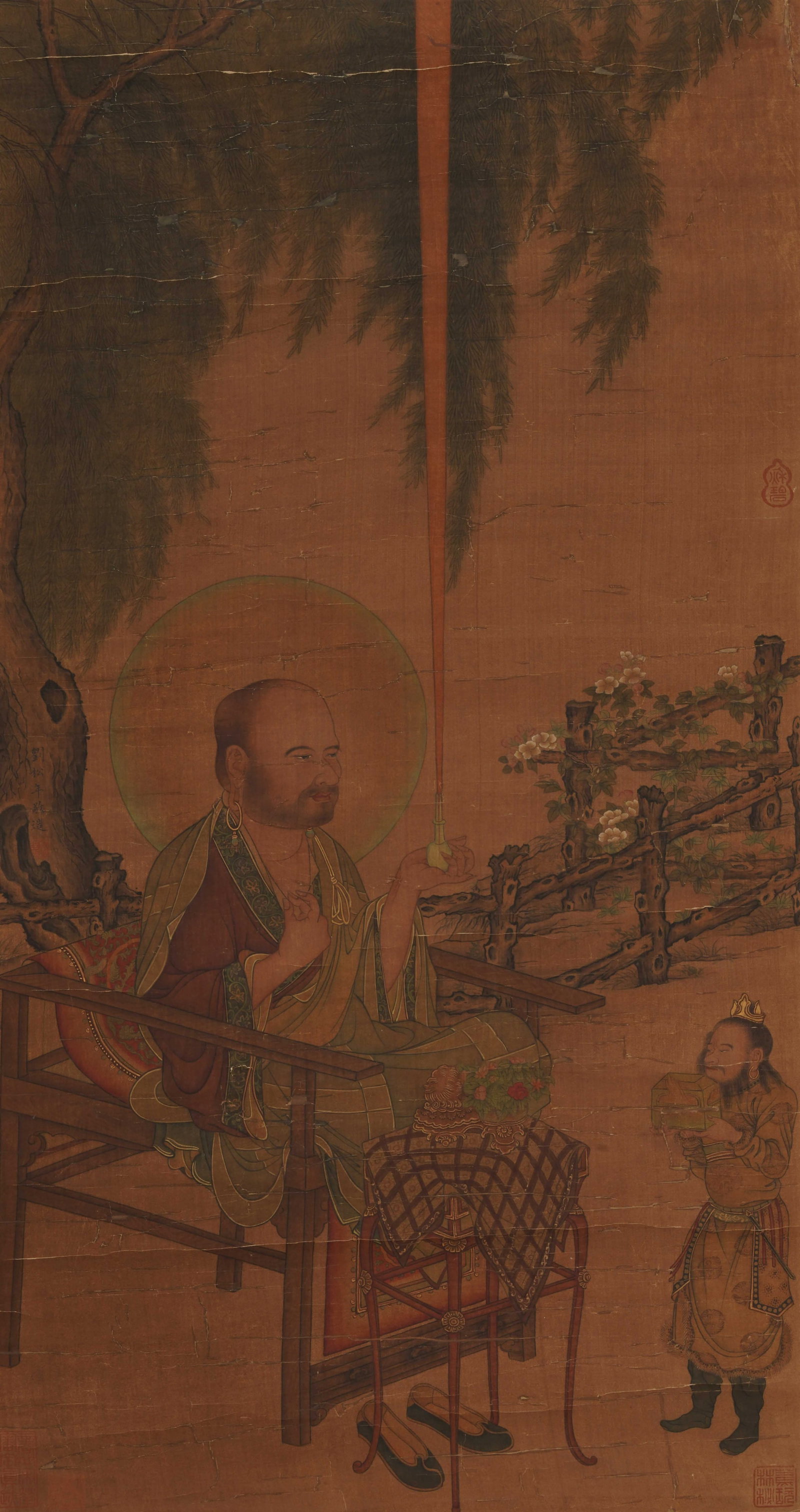 A CHINESE PAINTING OF LOHAN AND VISITOR, SIGNED LIU SONGNIAN: A CHINESE PAINTING OF LOHAN AND VISITOR, SIGNED LIU SONGNIAN Vertical mineral colour figure painting on aged amber silk, sealed by Liu Songnian at the corner. A haloed lohan sits serenely on a wooden 