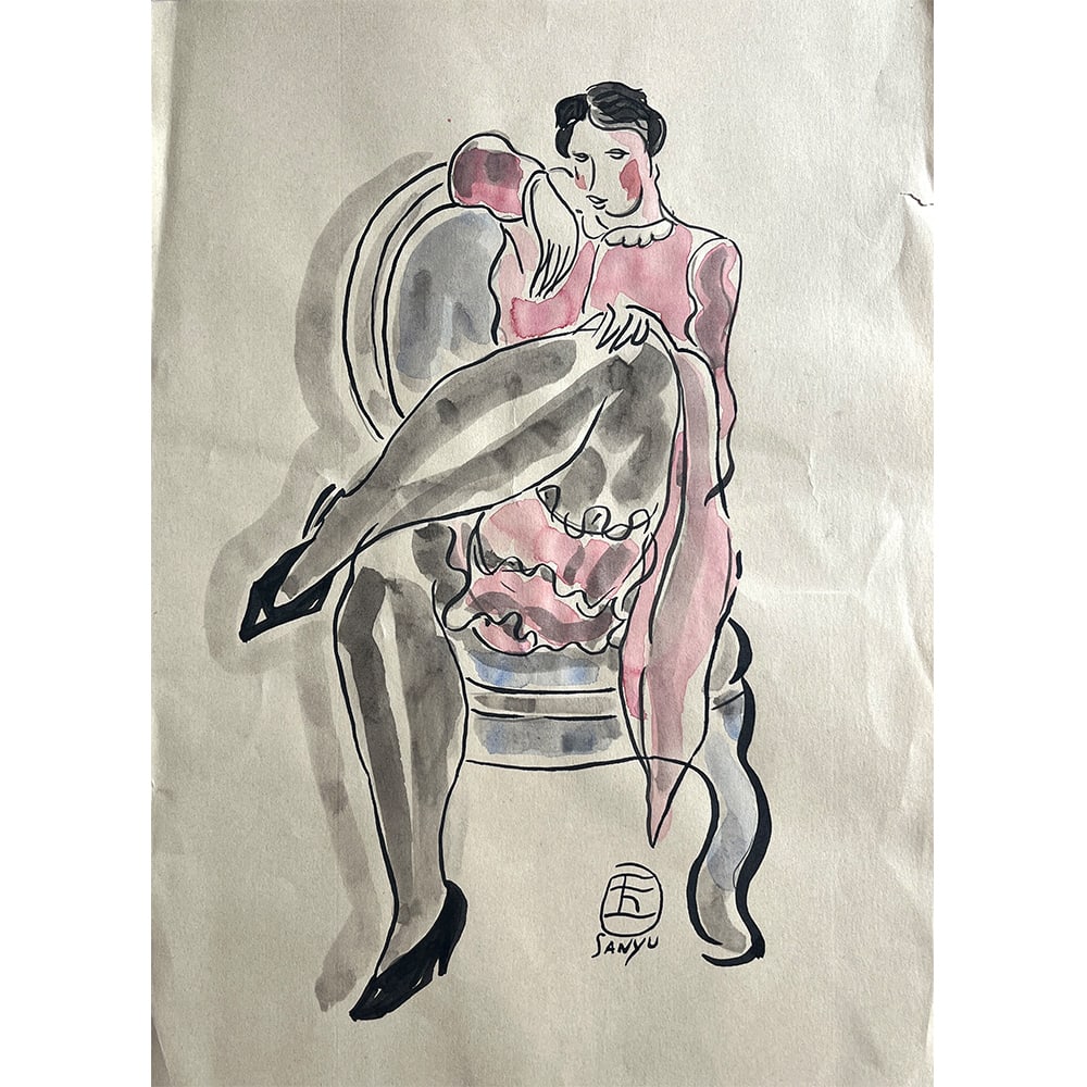 LADY SKETCHING SIGNED SANYU: LADY SKETCHING SIGNED SANYU Ink and colour on paper, signed in Chinese and French. Portraiture is no less intriguing than human beings. It is one of the classic genres that never have ceased in the hi