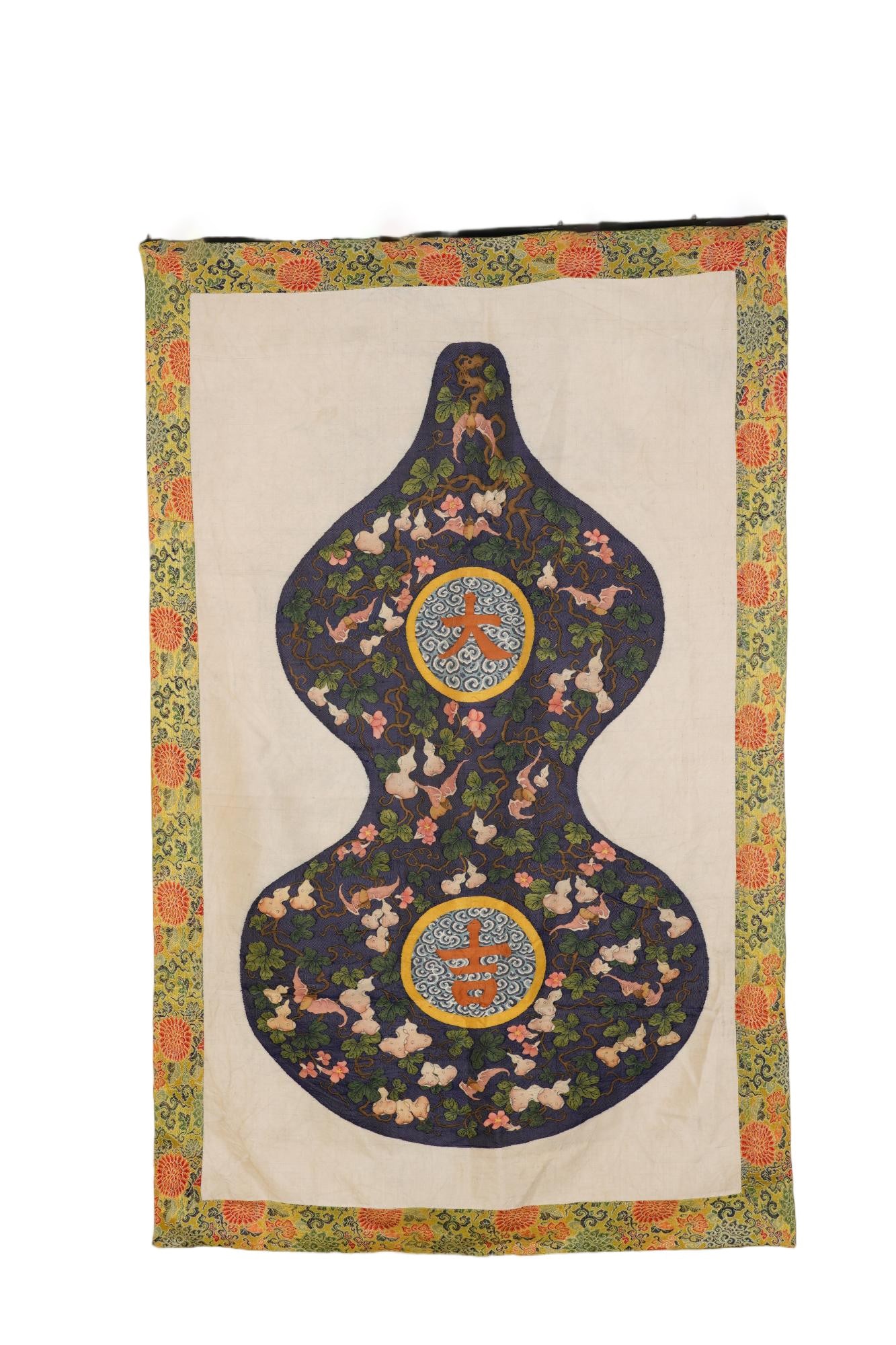 A CHINESE WHITE GROUND DOUBLE GOURD AUSPICIOUS EMBROIDERY (1 of 7)