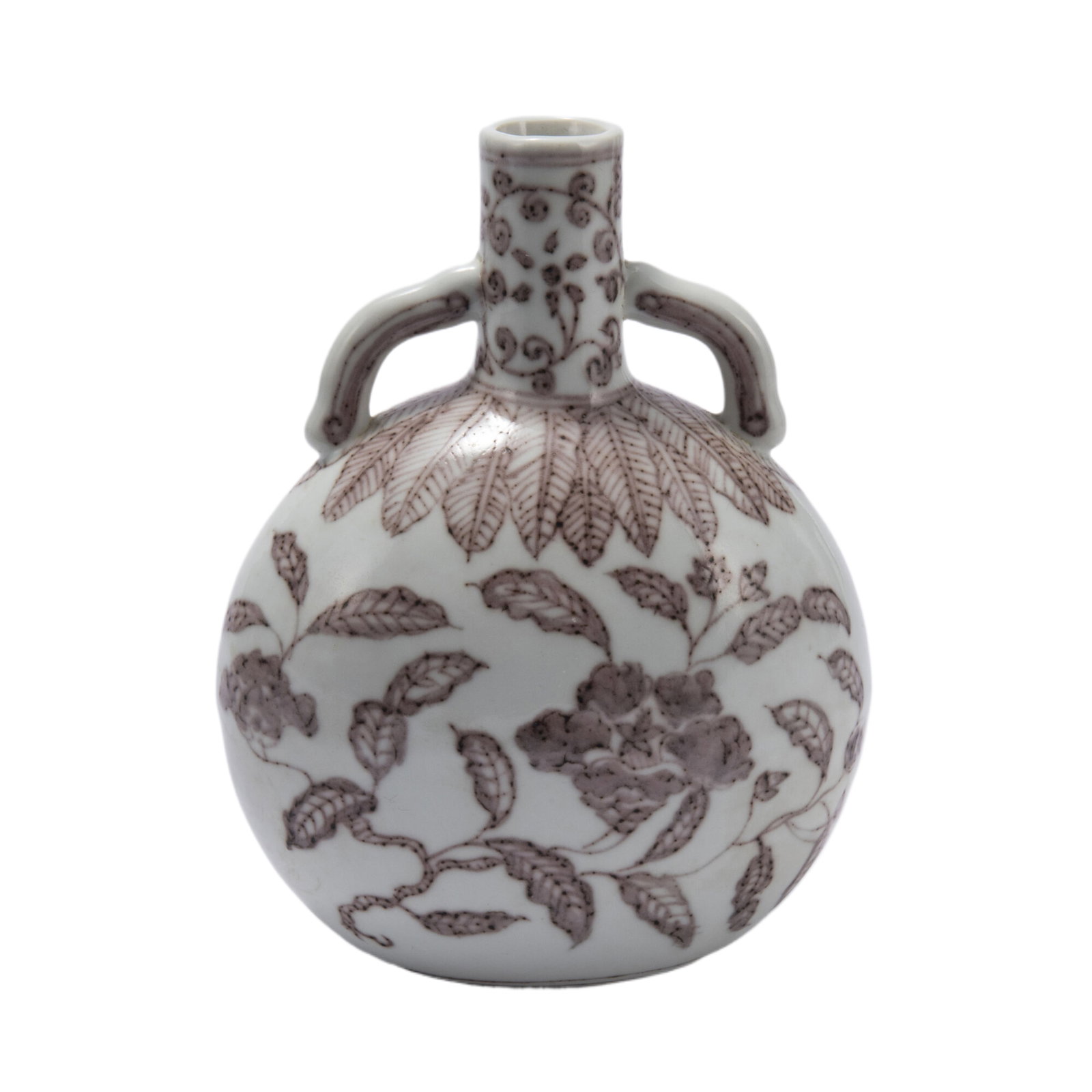 A RED UNDER GLAZED PORCELAIN FLASK VASE /MING DYNASTY: A RED UNDER GLAZED PORCELAIN FLASK VASE /MING DYNASTY The flattened globular body rising from a short oval foot to a slender neck flanked by a pair of curve handles, painted flower at exterior in copp