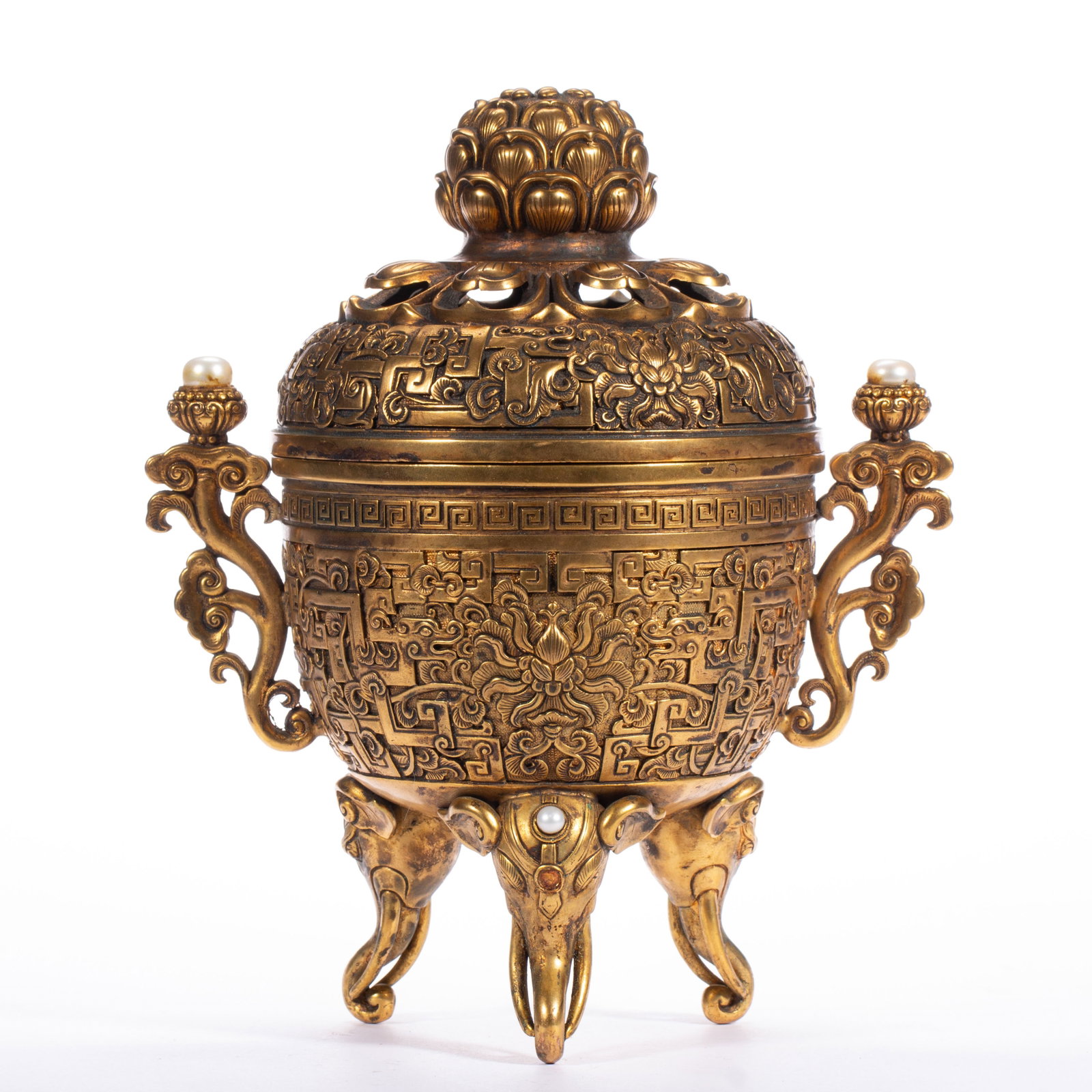 A CHINESE GILT BRONZE TRIPOD CENSER WITH PEARL EMBELLISHMENTS (1 of 9)