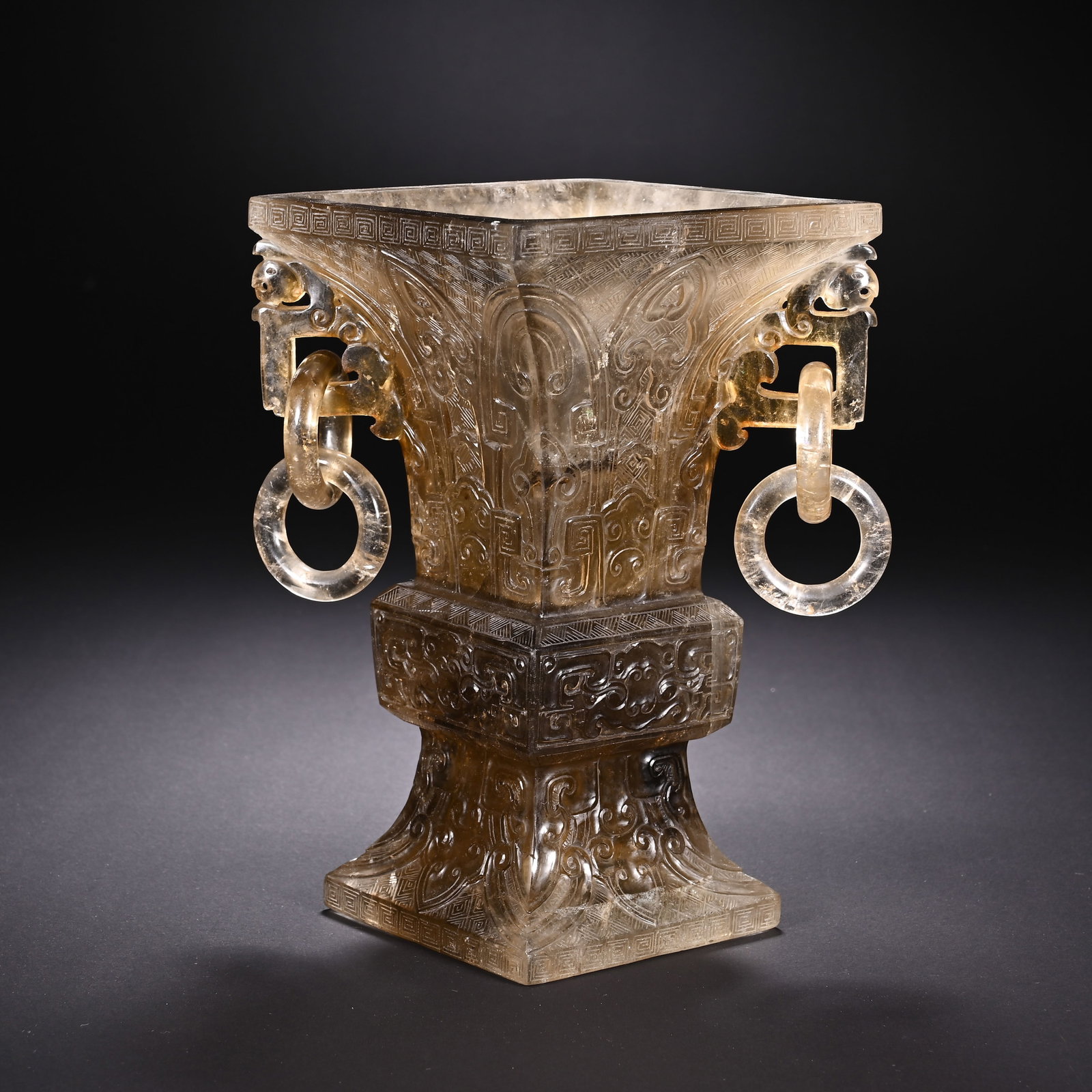 A CHINESE CITRINE SQUARE GU VASE WITH RING HANDLES (1 of 9)