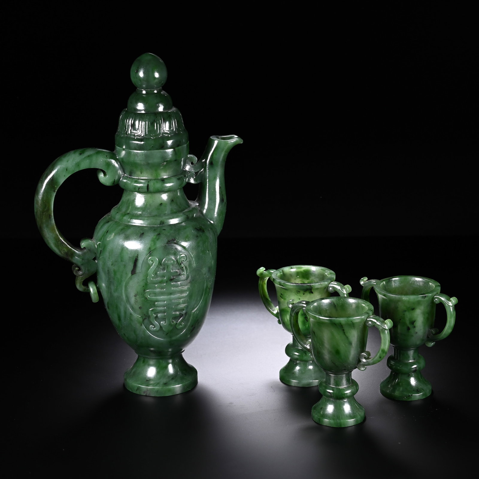 A SET OF CHINESE SPINACH GREEN HETIAN JADE WINE EWER AND CUPS (1 of 9)