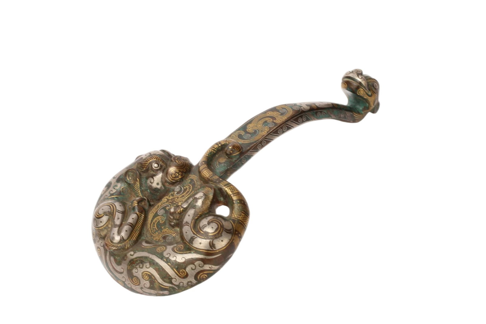A CHINESE BRONZE GOLD AND SILVER INLAID GARMENT BELT HOOK: A CHINESE BRONZE GOLD AND SILVER INLAID GARMENT BELT HOOK This elegant bronze belt hook features a stylized dragon-head hook tip and a broad circular plate densely decorated with interwoven mythical b