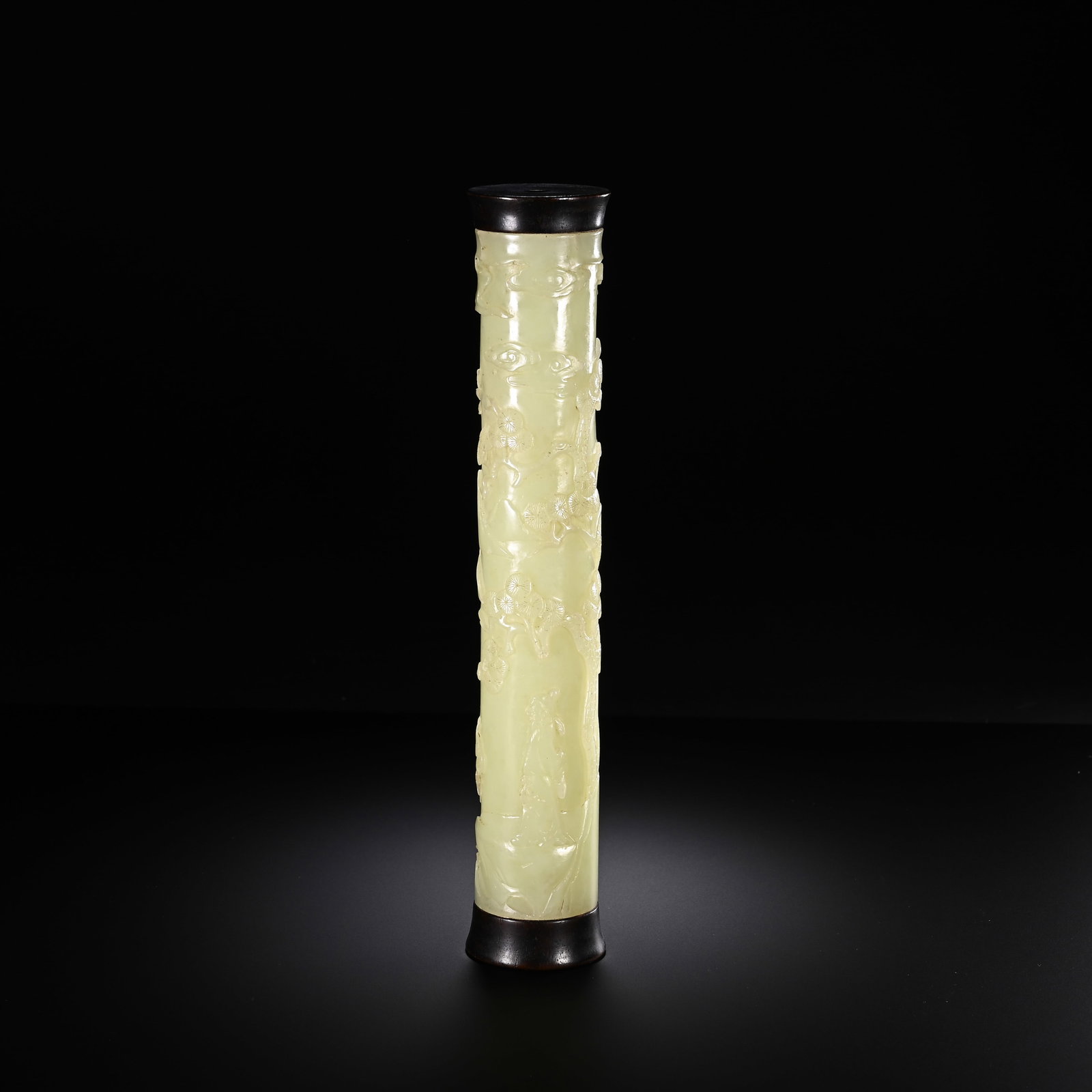 A CHINESE YELLOW NEPHRITE CYLINDRICAL INCENSE TUBE: A CHINESE YELLOW NEPHRITE CYLINDRICAL INCENSE TUBE This slender cylindrical incense holder is carved from smooth pale yellow nephrite jade, its exterior fully decorated with continuous raised relief s