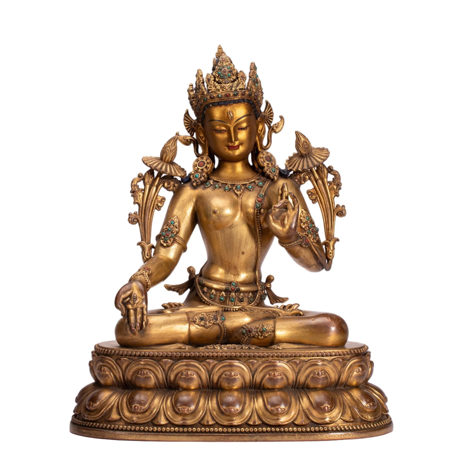 A CHINESE GILT BRONZE WHITE TARA STATUE: A CHINESE GILT BRONZE WHITE TARA STATUE This large fully gilded copper statue depicts White Tara seated in serene full lotus posture upon a double-tiered lotus pedestal with neatly overlapping petal r
