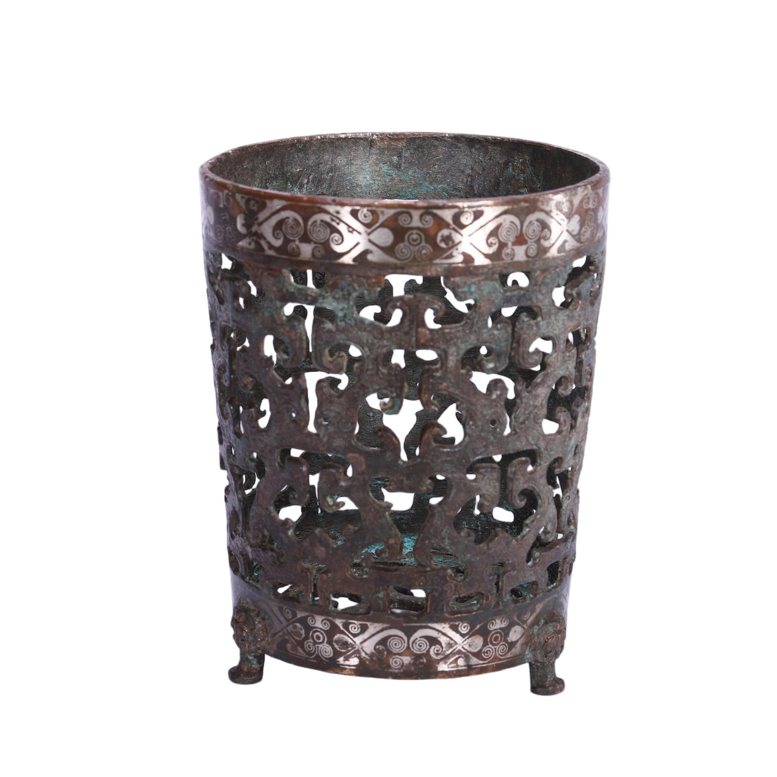A CHINESE SILVER-INLAID OPENWORK BRONZE VESSEL (1 of 9)
