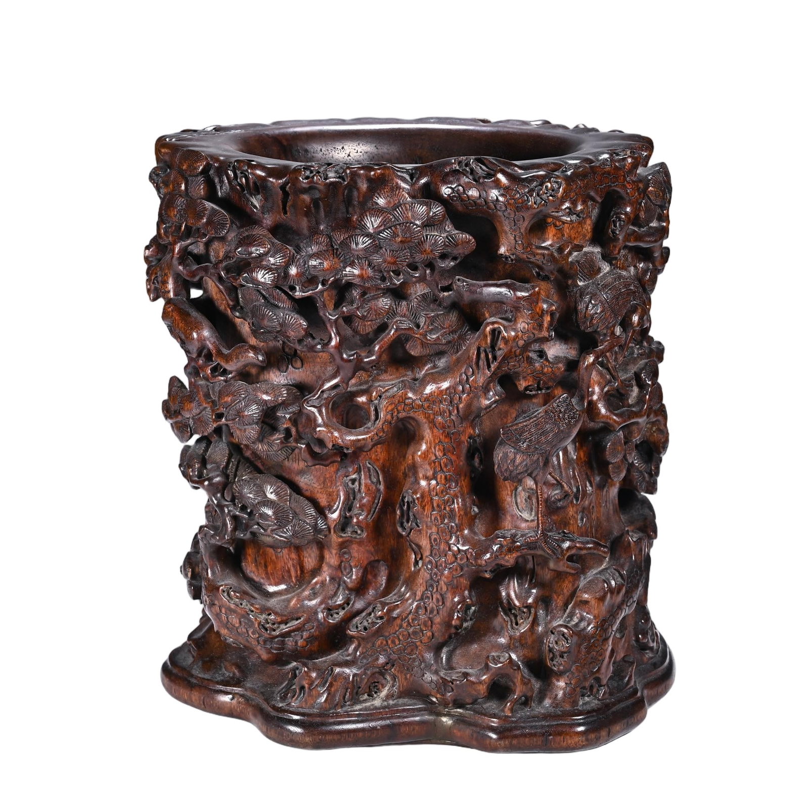 A CHINESE CHENXIANG WOOD PINE AND CRANE BRUSH POT (1 of 9)