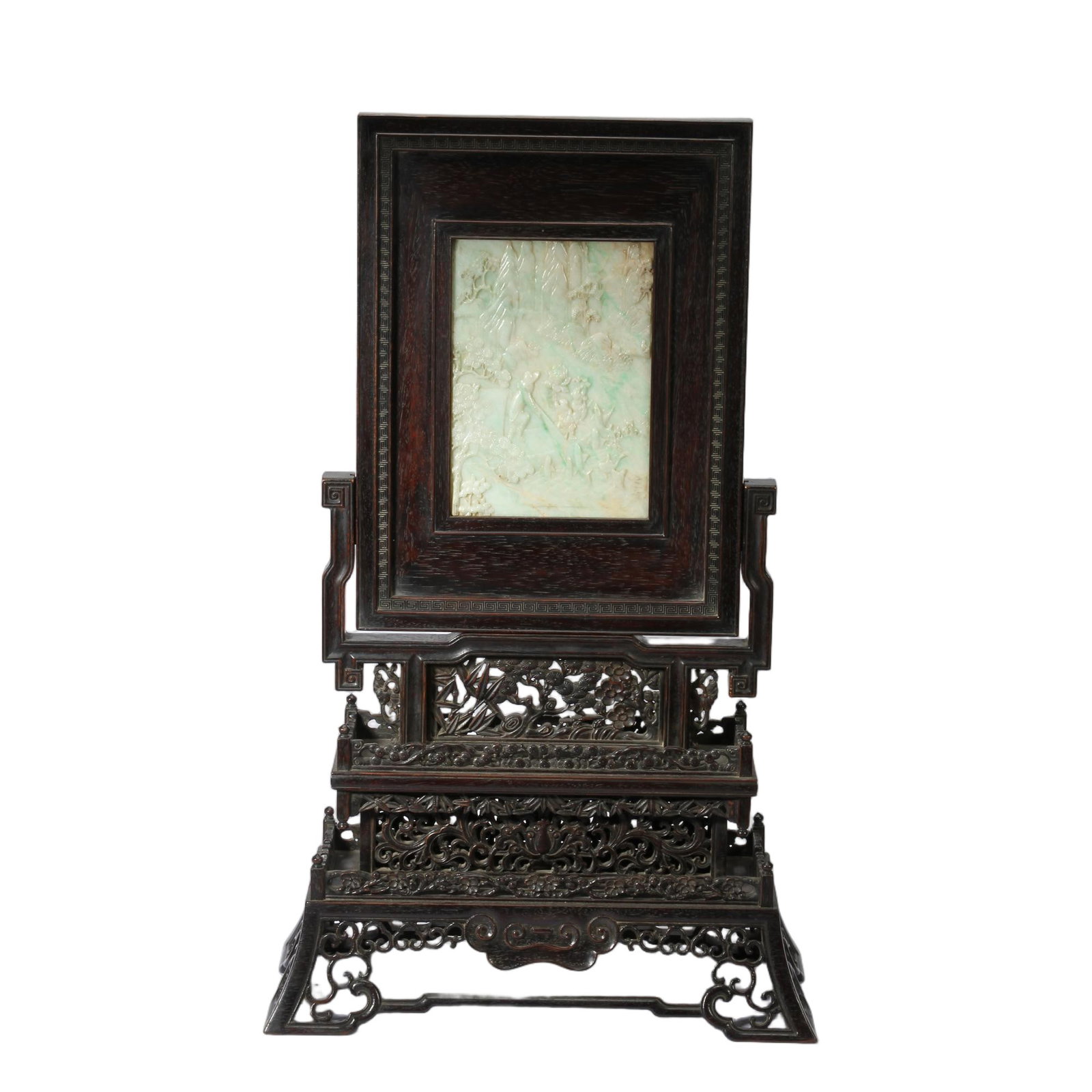 A CHINESE CARVED JADEITE HARDWOOD TABLE SCREEN (1 of 11)