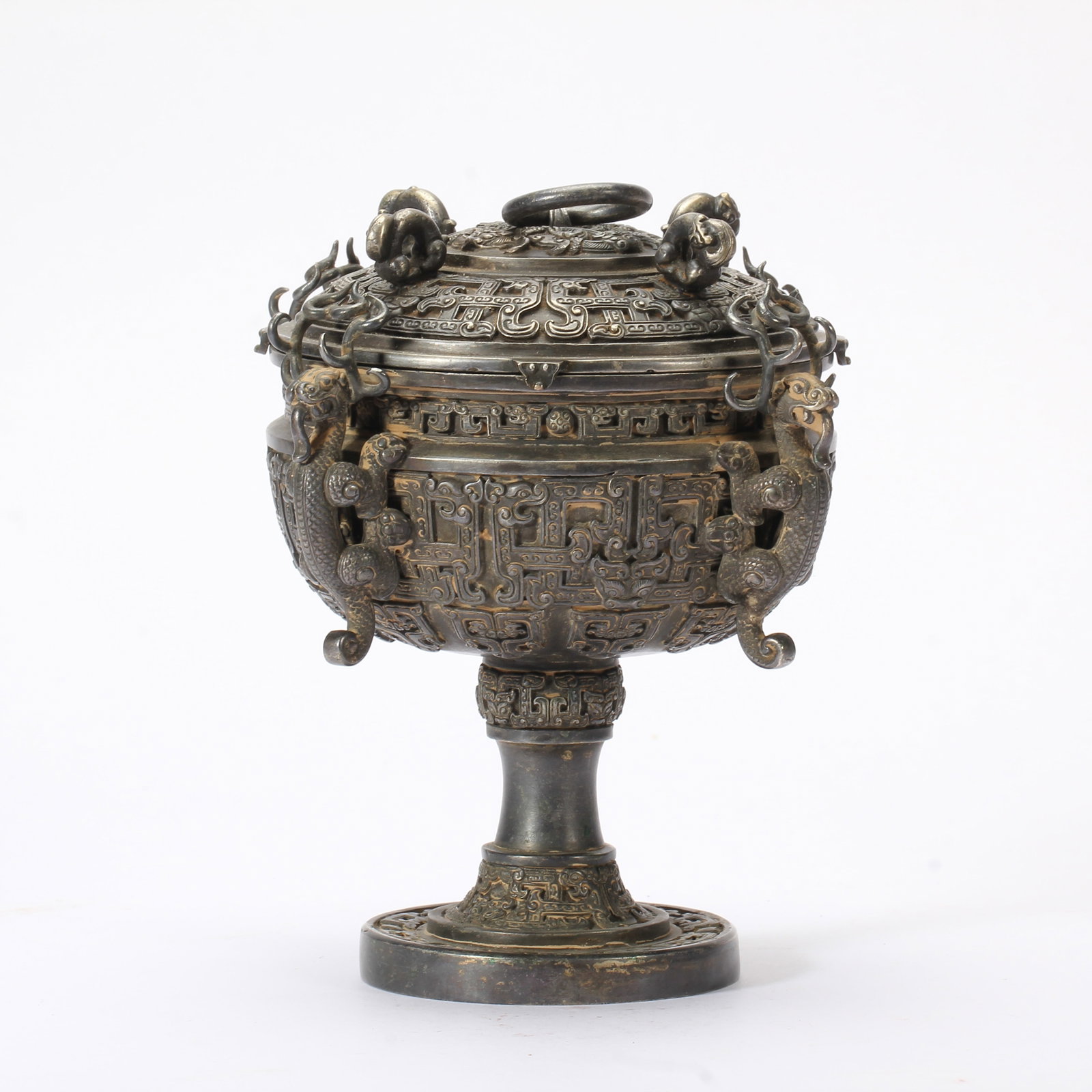 A CHINESE ARCHAISTIC DRAGON LIDDED BRONZE STEM VESSEL (1 of 11)