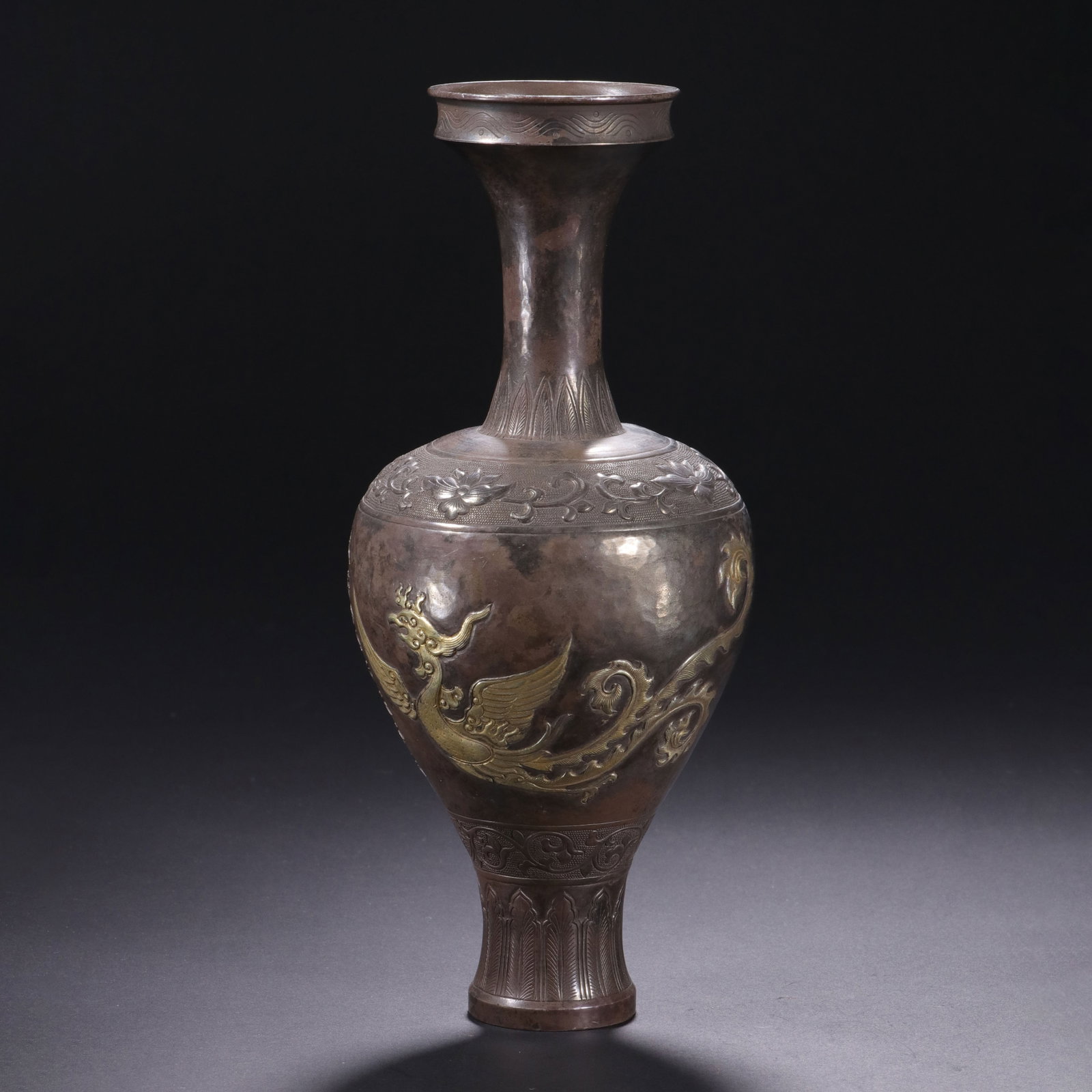 A CHINESE GILT SILVER PHOENIX DECORATED VASE (1 of 10)