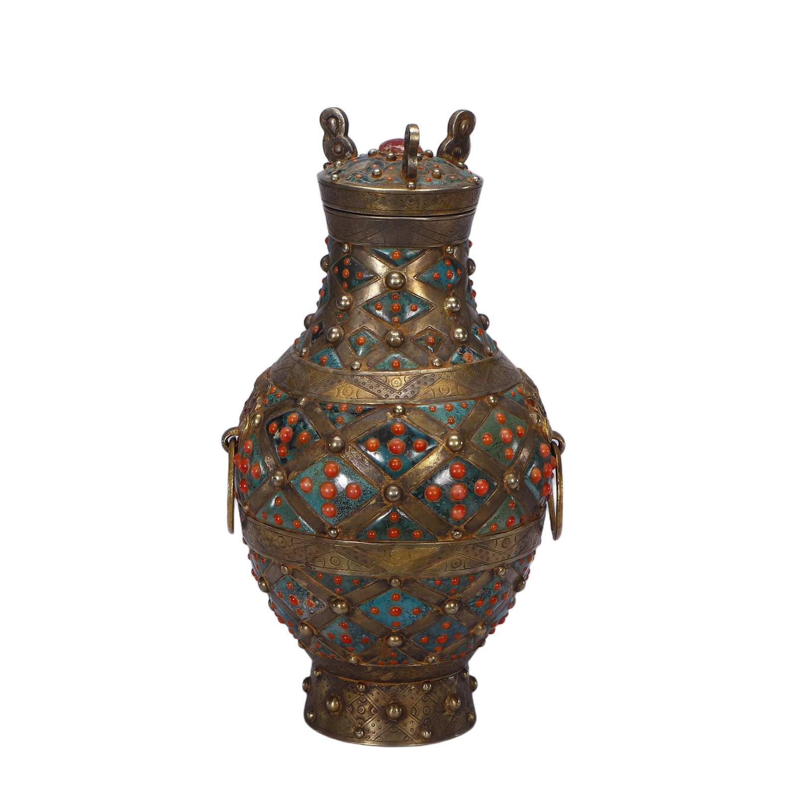 A CHINESE GILT SILVER CORAL-INLAID COVERED JAR (1 of 9)