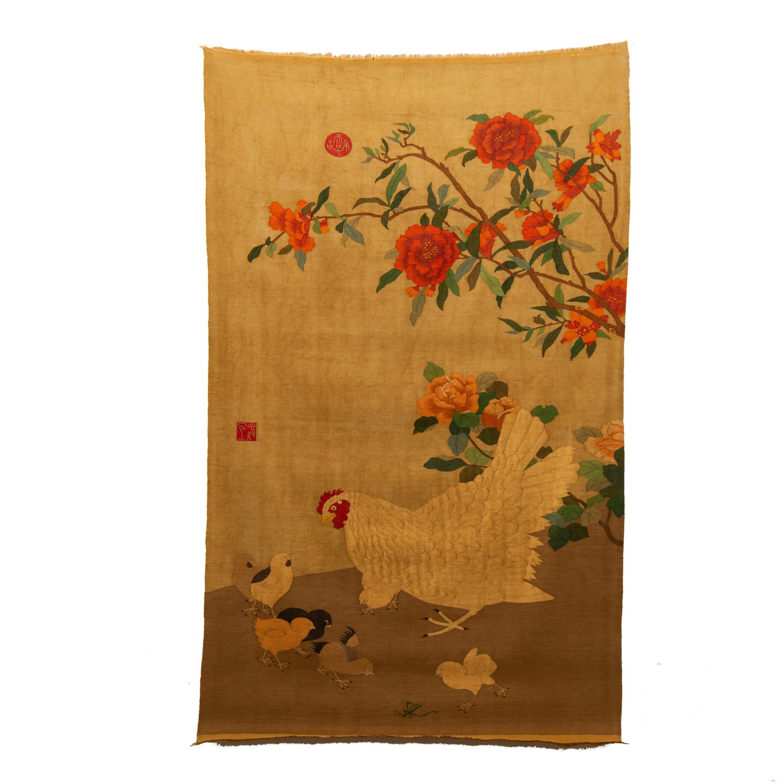 A CHINESE KESI HEN & CHICKENS TAPESTRY: A CHINESE KESI HEN & CHICKENS TAPESTRY This exquisite kesi silk tapestry panel is woven on a warm aged yellow silk ground. The composition features a mother hen accompanied by a brood of chicks beneat