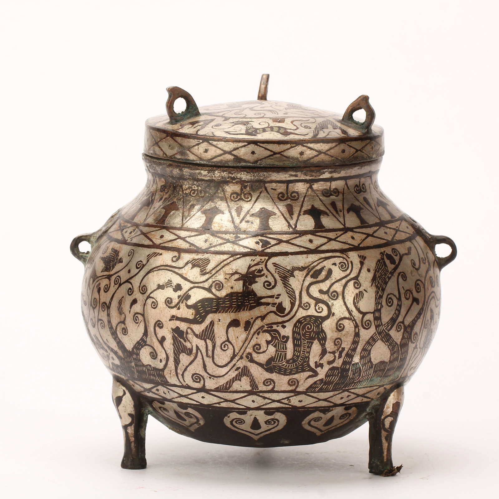 A CHINESE SILVER-INLAID BRONZE LIDDED TRIPOD JAR (1 of 10)