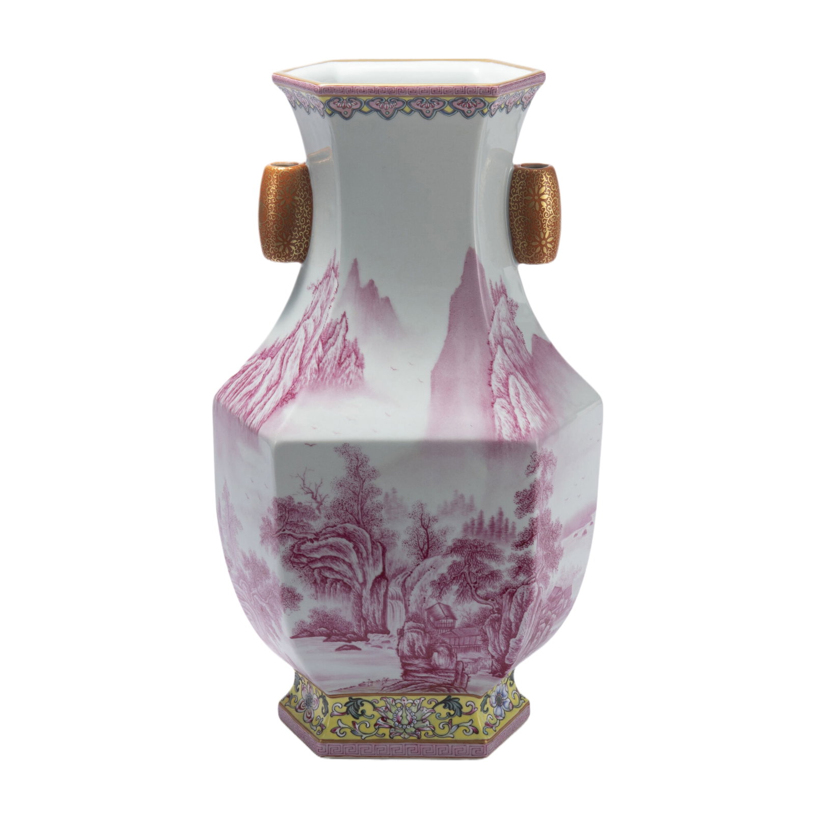 A CARMINE RED GLAZED PORCELAIN VASE/QING DYNASTY: A CARMINE RED GLAZED PORCELAIN VASE/QING DYNASTY Raising from a flared rectangular foot, the exterior decorated with landscape with pink enamel. DIMENSIONS: L. 25 cm. W. 19 cm. H. 43.2 cm. HAVE A SIMI
