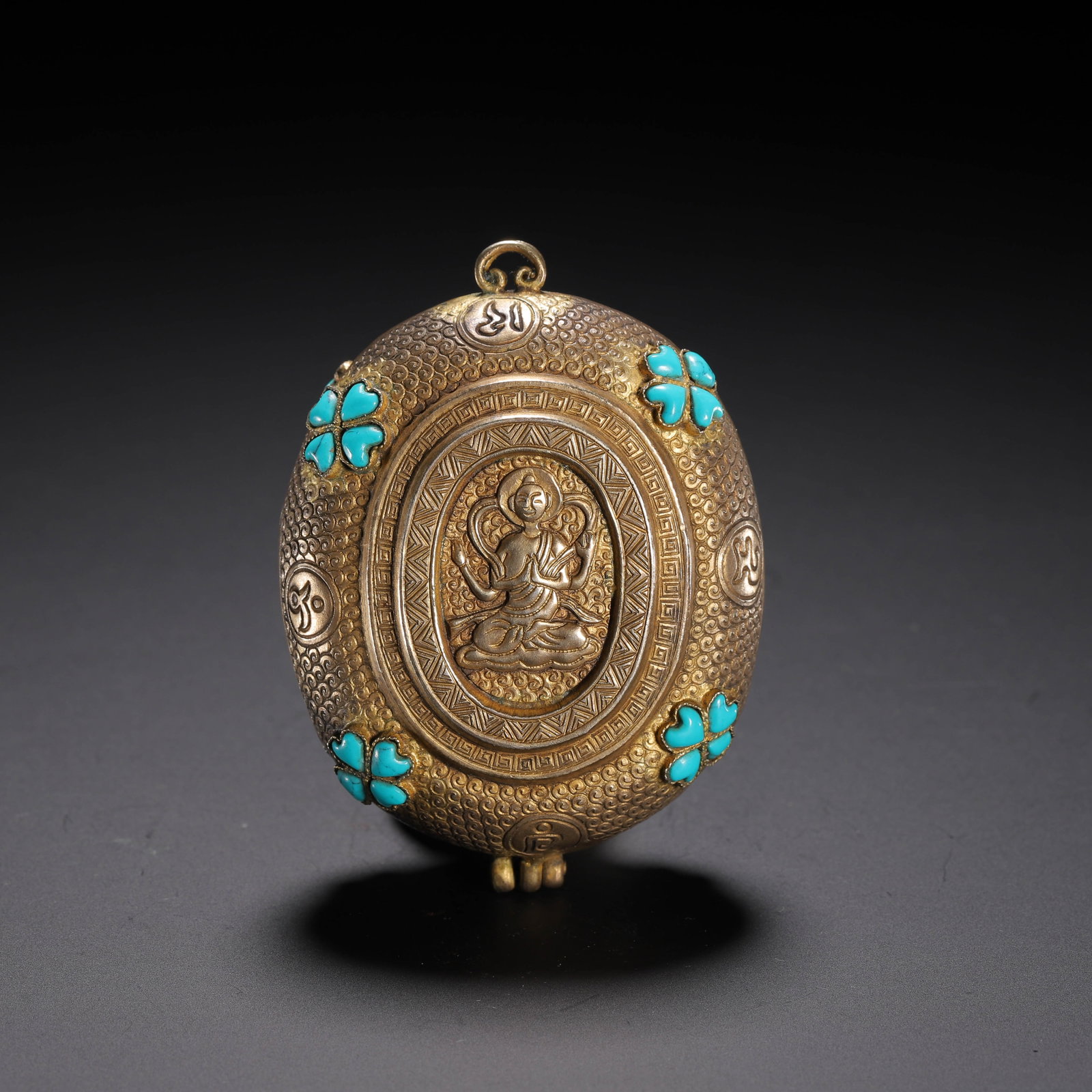 A CHINESE TURQUOISE INLAID BRONZE BUDDHA GHAU PENDANT (1 of 8)