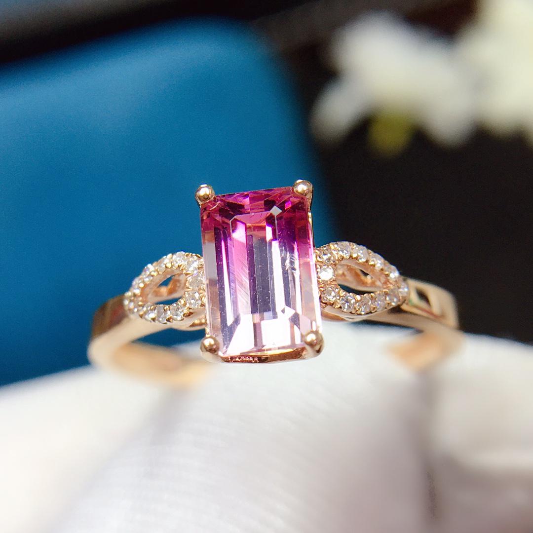14K Rose Gold 1.3 CT Tourmaline & Diamond Ring: Ref:2022921366 Gold Content:14K Rose Gold For people:Women Total Item Weight:1.89grams Ring Size:7.25US Main Stone:Tourmaline Number of stones:1 Shape:Emerald Carat Total Wt:1.3ct Color:Pink Cut Grad