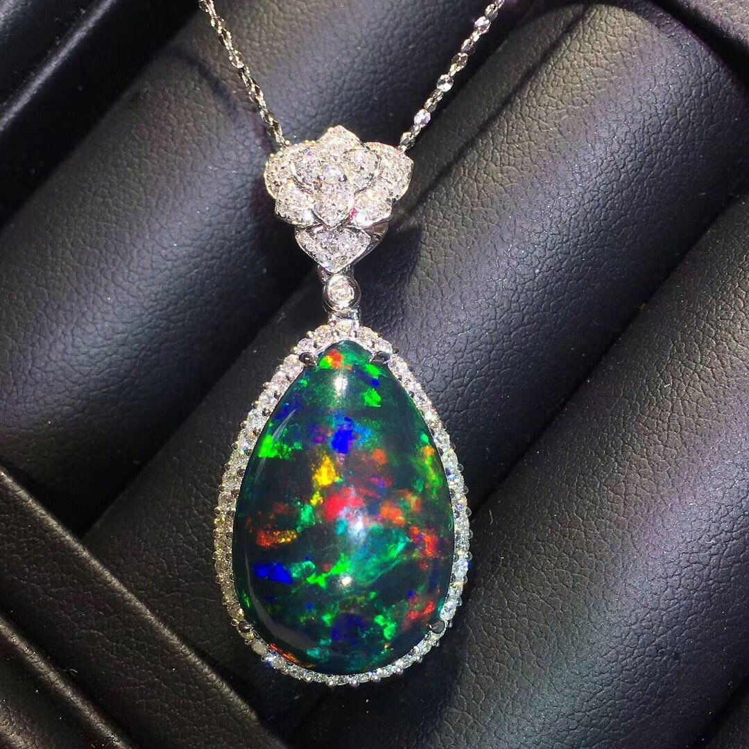High-End 14K Gold 12.2 CT Natural Black Opal & Diamond Pendant with Certificate (1 of 8)